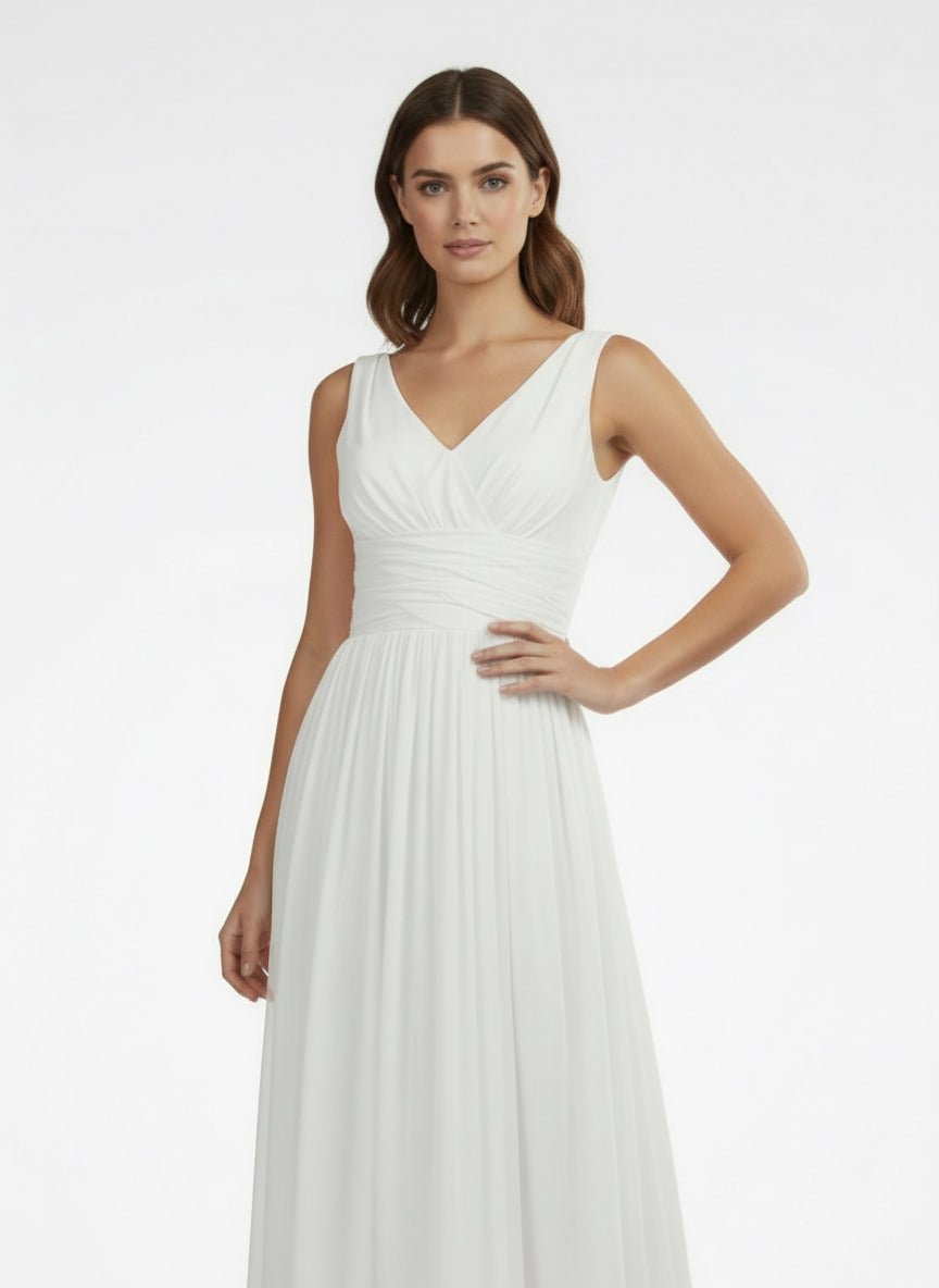 KissDress-V-Neck Sleeveless Tea-Length Chiffon Wedding Dress With Ruching And Low-V Back