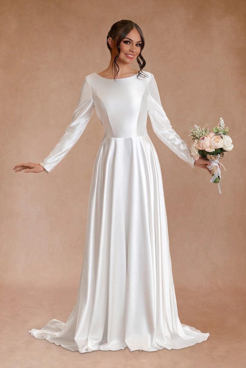 Vintage Satin A - Line Bateau Neckline Long Sleeves Bridal Gown Wedding Dresses - KissProm