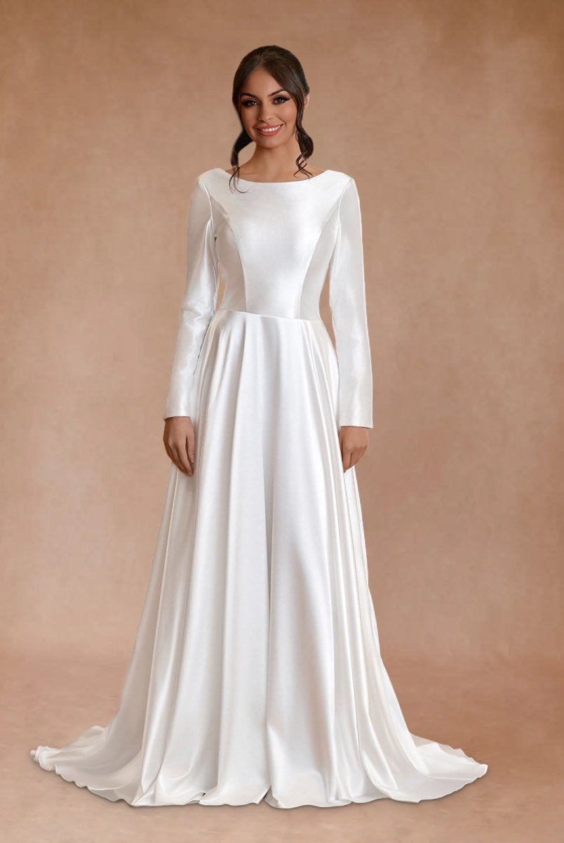 Vintage Satin A - Line Bateau Neckline Long Sleeves Bridal Gown Wedding Dresses - KissProm