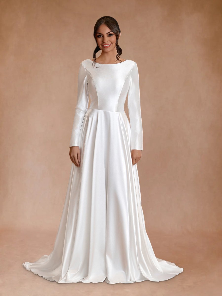 Vintage Satin A - Line Bateau Neckline Long Sleeves Bridal Gown Wedding Dresses - KissProm
