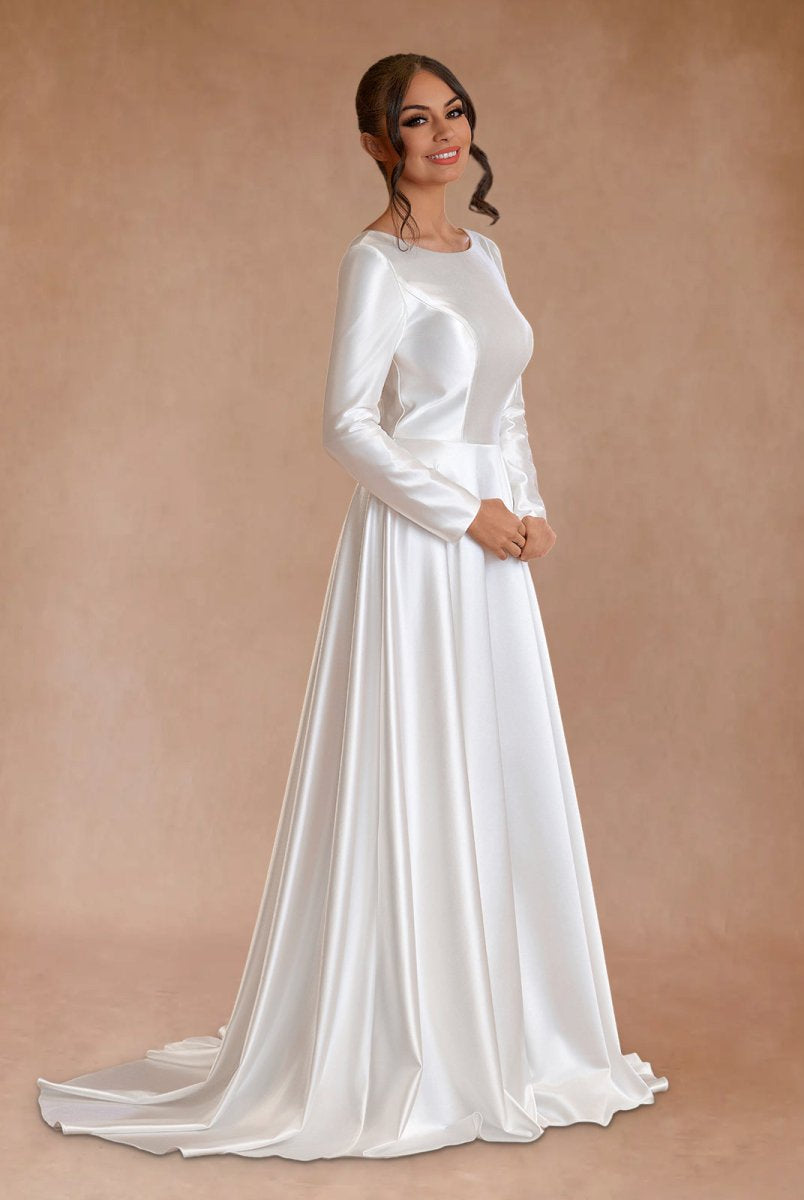 Vintage Satin A - Line Bateau Neckline Long Sleeves Bridal Gown Wedding Dresses - KissProm