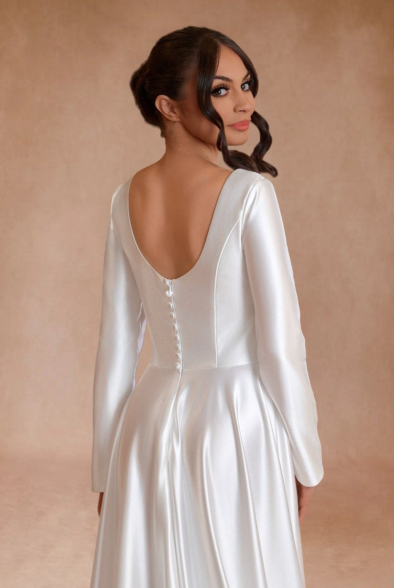 Vintage Satin A - Line Bateau Neckline Long Sleeves Bridal Gown Wedding Dresses - KissProm