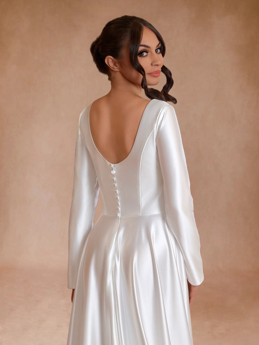 Vintage Satin A - Line Bateau Neckline Long Sleeves Bridal Gown Wedding Dresses - KissProm