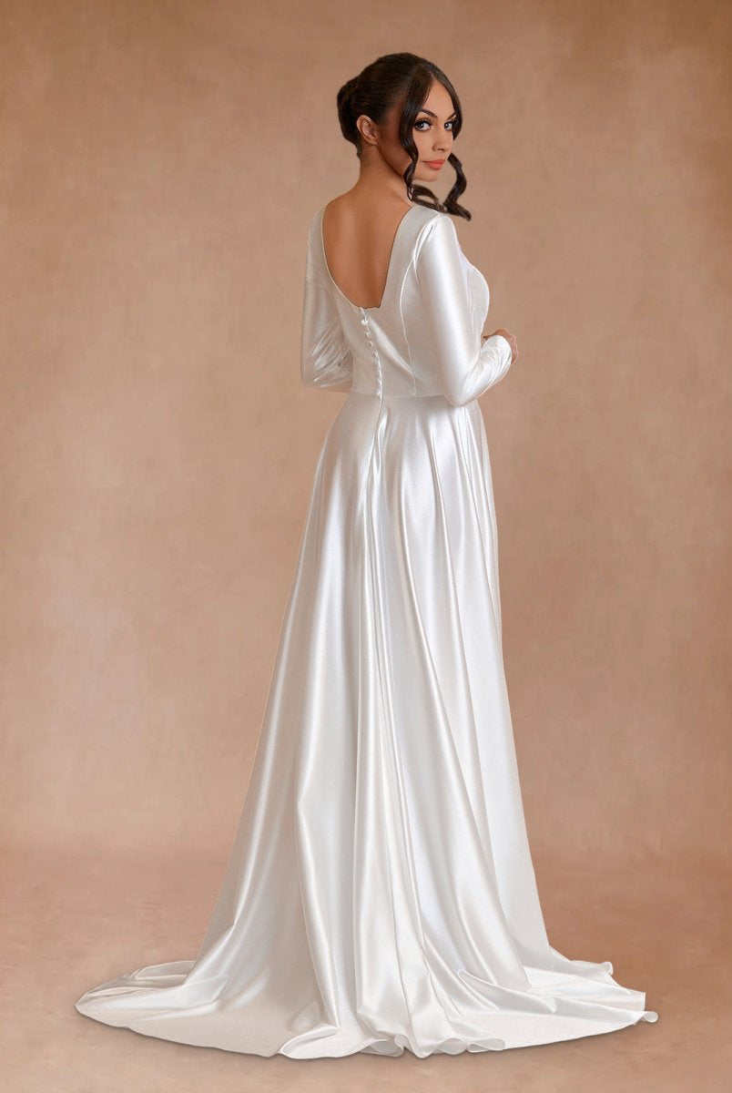 Vintage Satin A - Line Bateau Neckline Long Sleeves Bridal Gown Wedding Dresses - KissProm