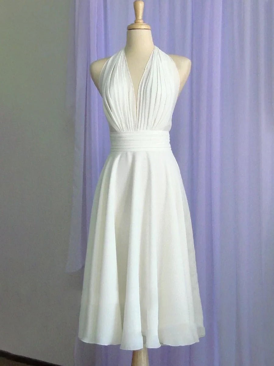 KissDress-Sebella Vintage Tea-Length Chiffon Wedding Dress With Halter Neck and Bow