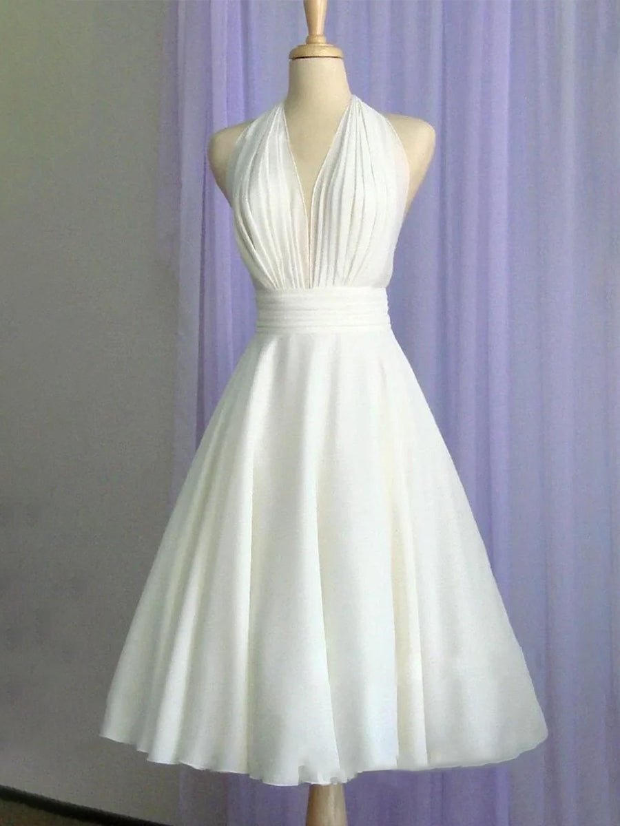 KissDress-Sebella Vintage Tea-Length Chiffon Wedding Dress With Halter Neck and Bow