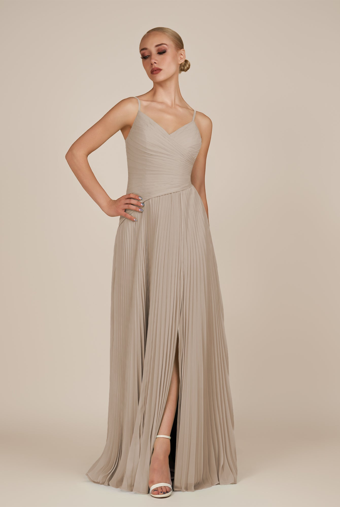 KissDress-Vionnet Almond A-Line V Neck Pleated Chiffon Long Bridesmaid Dress with Slit