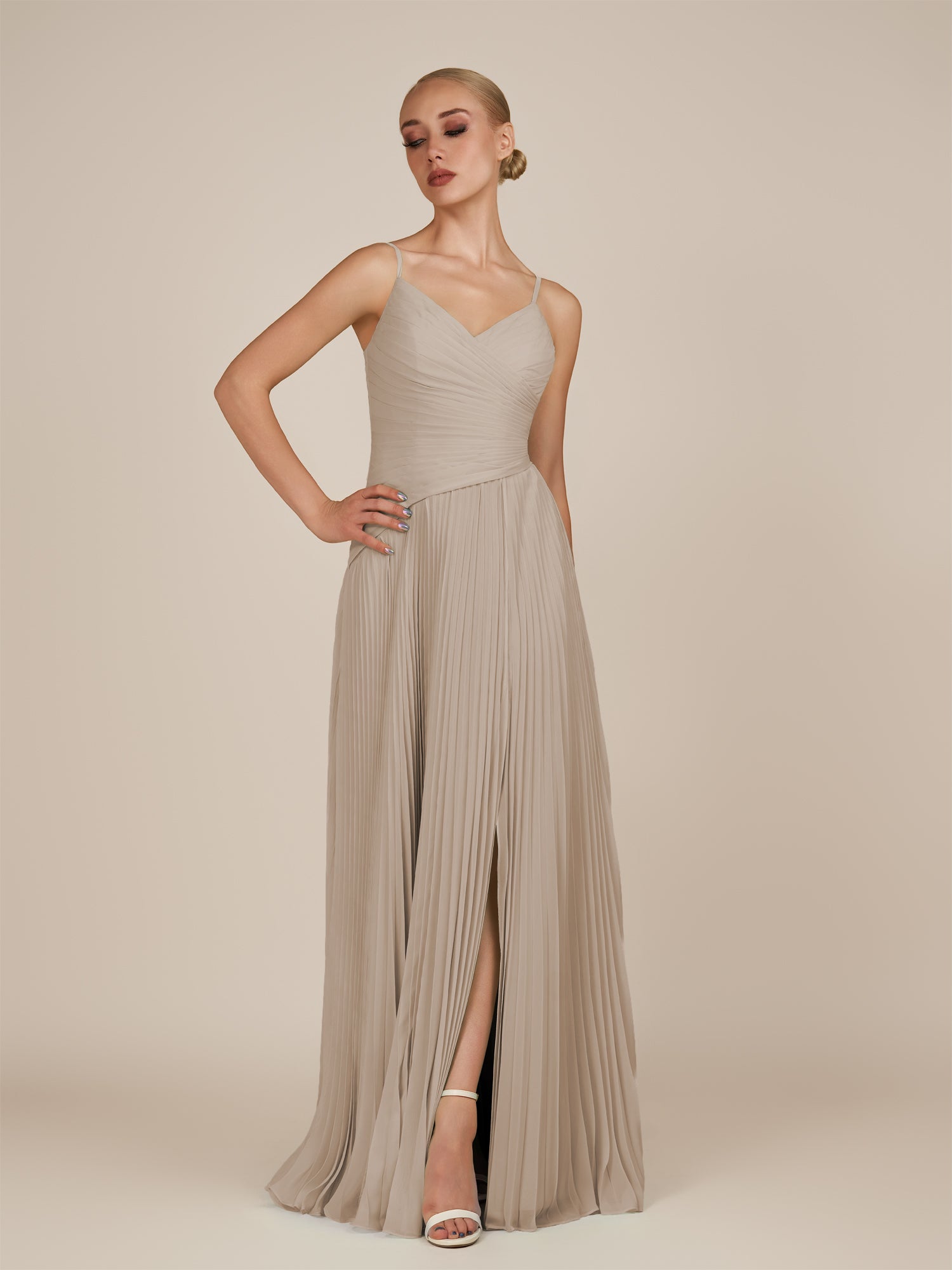 KissDress-Vionnet Almond A-Line V Neck Pleated Chiffon Long Bridesmaid Dress with Slit