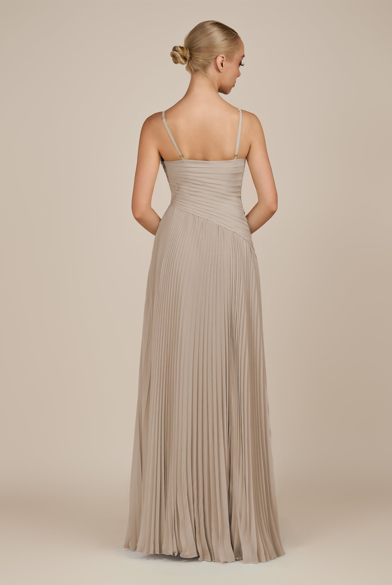 KissDress-Vionnet Almond A-Line V Neck Pleated Chiffon Long Bridesmaid Dress with Slit