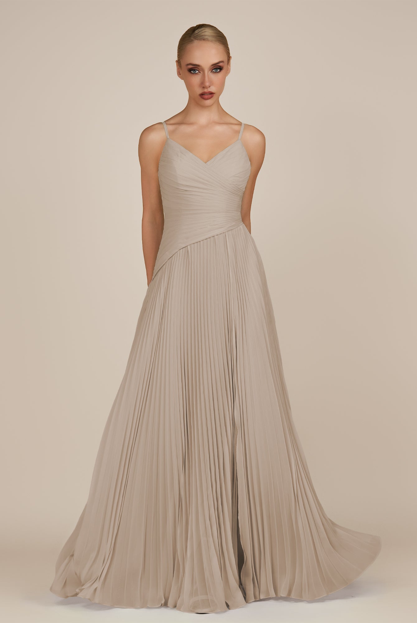 KissDress-Vionnet Almond A-Line V Neck Pleated Chiffon Long Bridesmaid Dress with Slit
