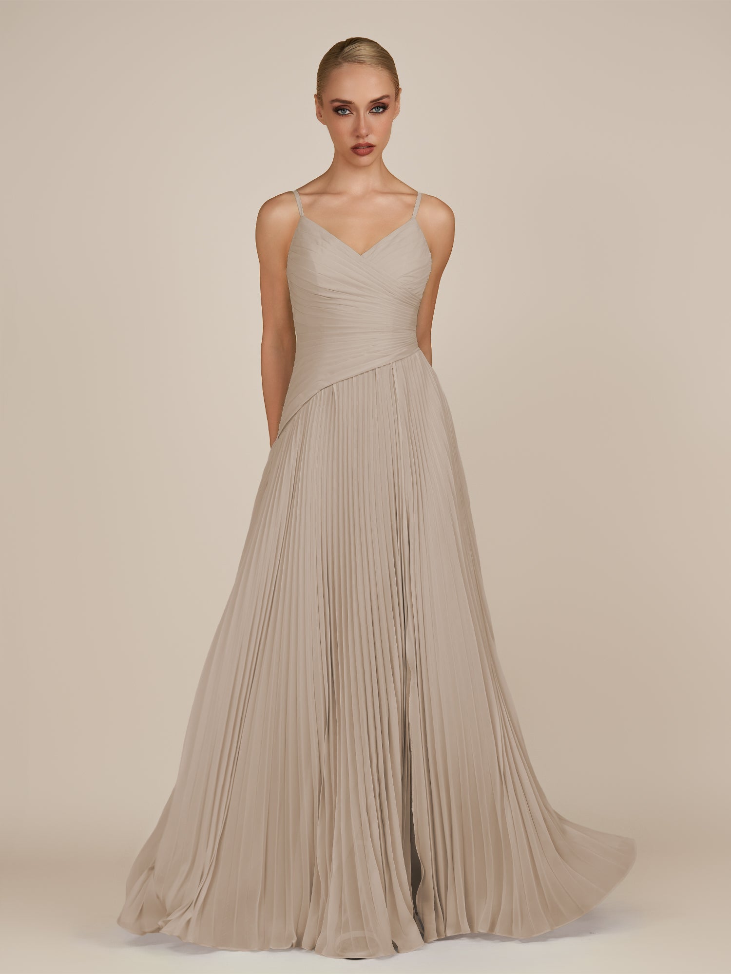 KissDress-Vionnet Almond A-Line V Neck Pleated Chiffon Long Bridesmaid Dress with Slit