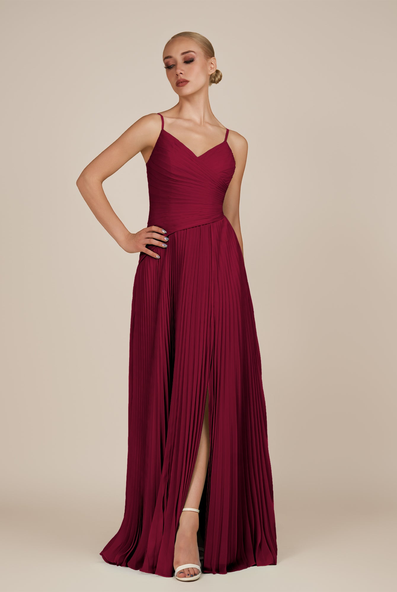 KissDress-Vionnet Berry A-Line V Neck Pleated Chiffon Long Bridesmaid Dress with Slit
