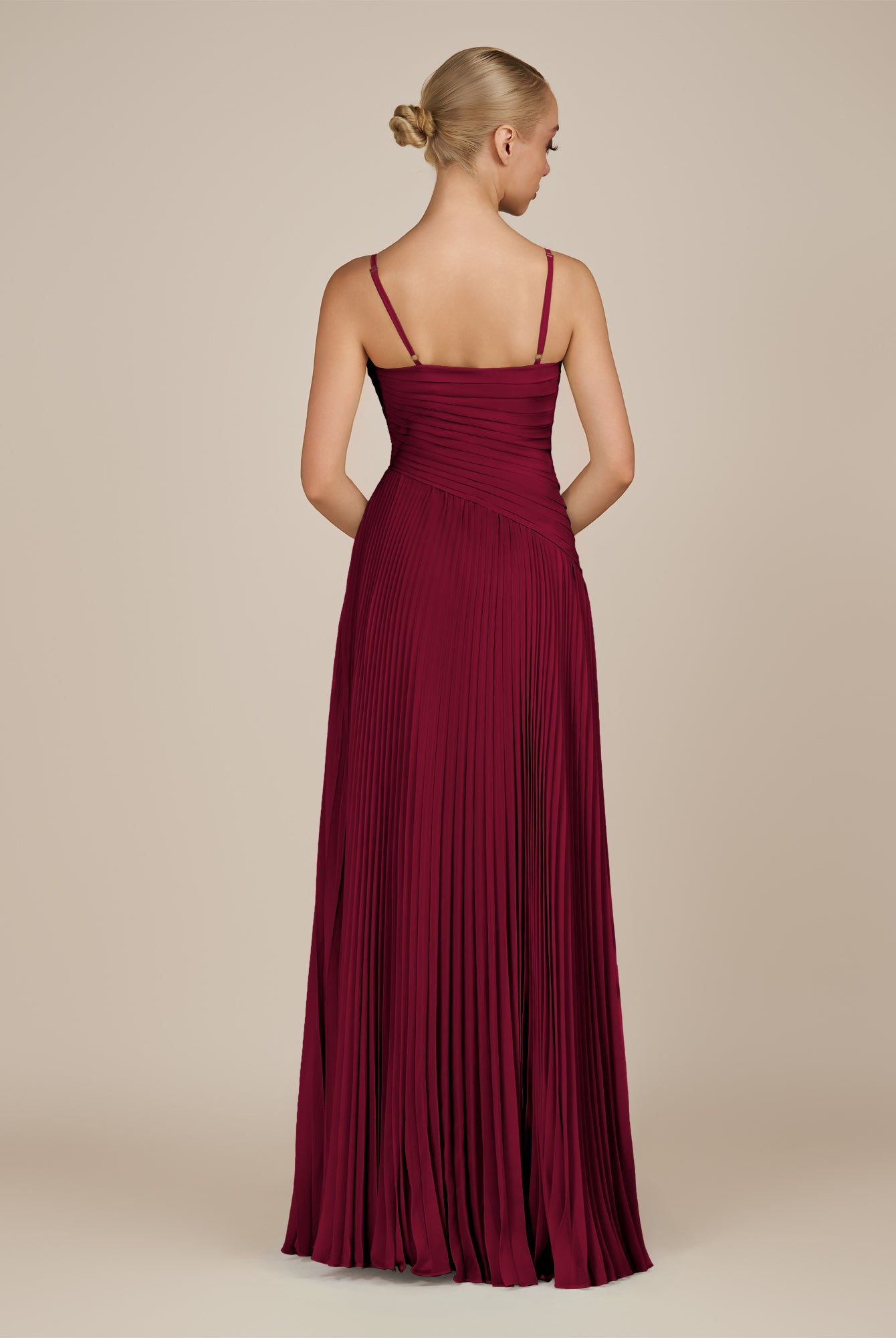 KissDress-Vionnet Berry A-Line V Neck Pleated Chiffon Long Bridesmaid Dress with Slit