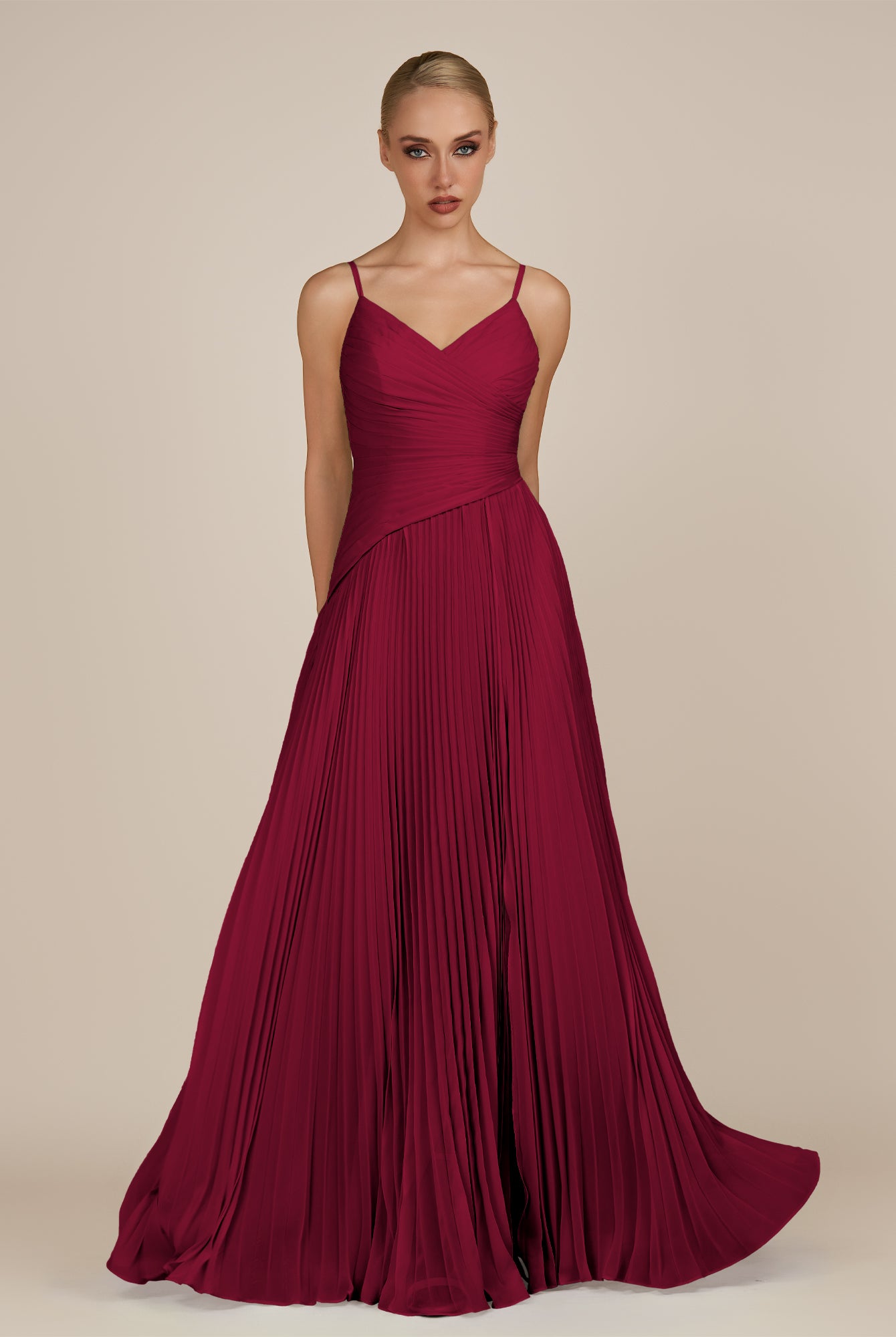 KissDress-Vionnet Berry A-Line V Neck Pleated Chiffon Long Bridesmaid Dress with Slit