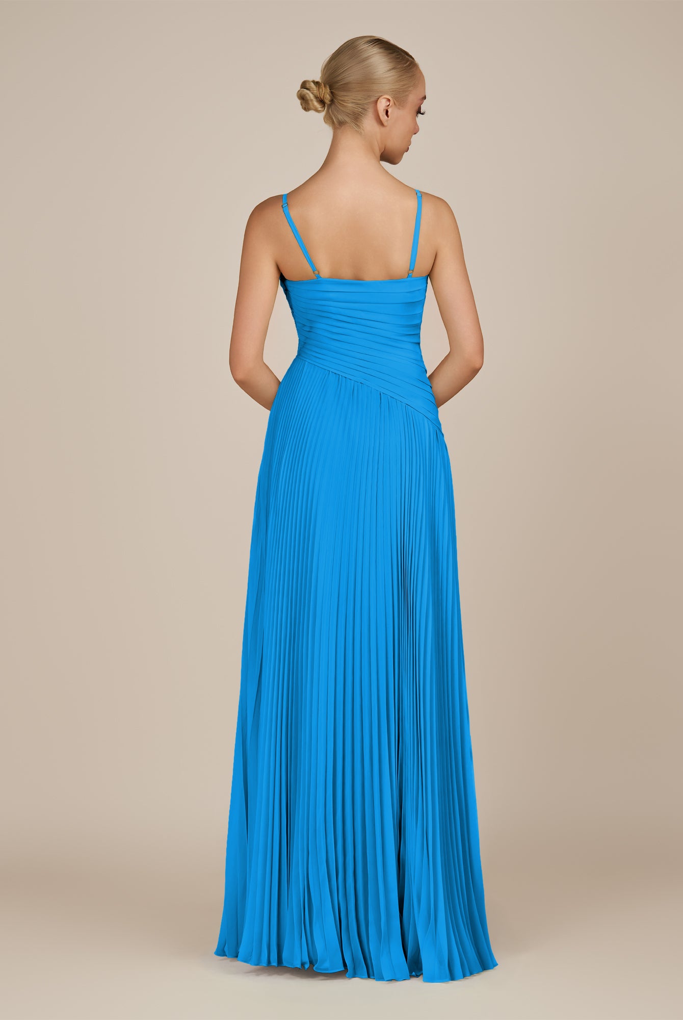 KissDress-Vionnet Blue Jay A-Line V Neck Pleated Chiffon Long Bridesmaid Dress with Slit
