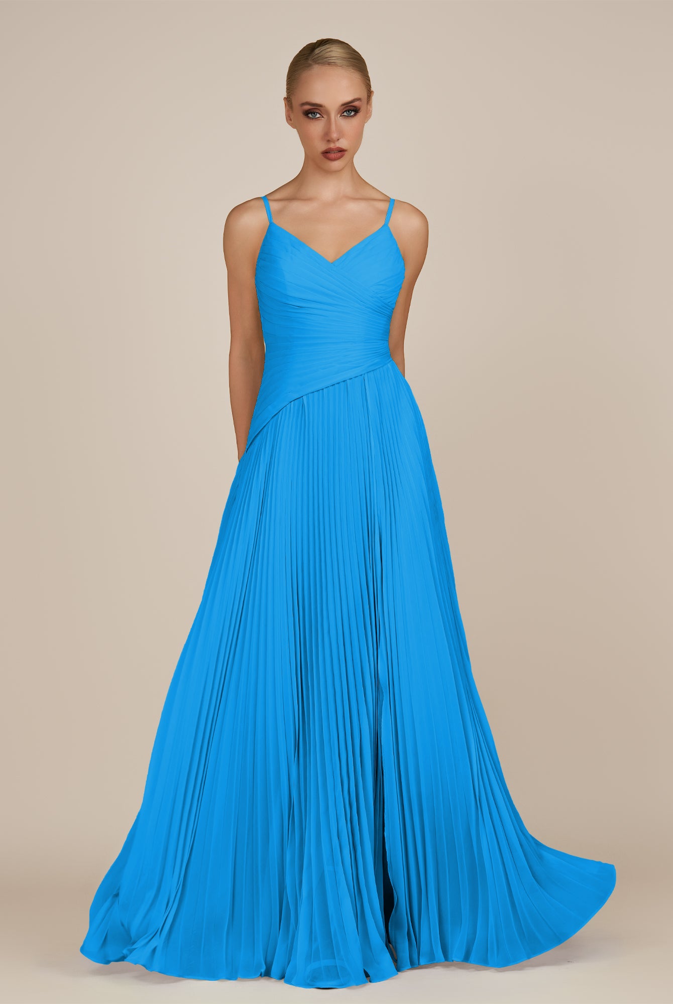 KissDress-Vionnet Blue Jay A-Line V Neck Pleated Chiffon Long Bridesmaid Dress with Slit