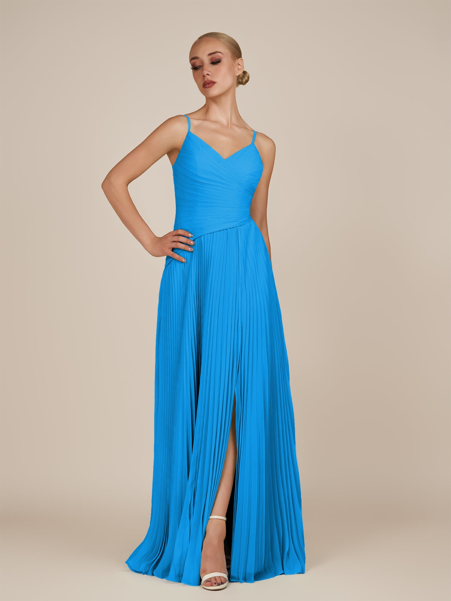 KissDress-Vionnet Blue Jay A-Line V Neck Pleated Chiffon Long Bridesmaid Dress with Slit