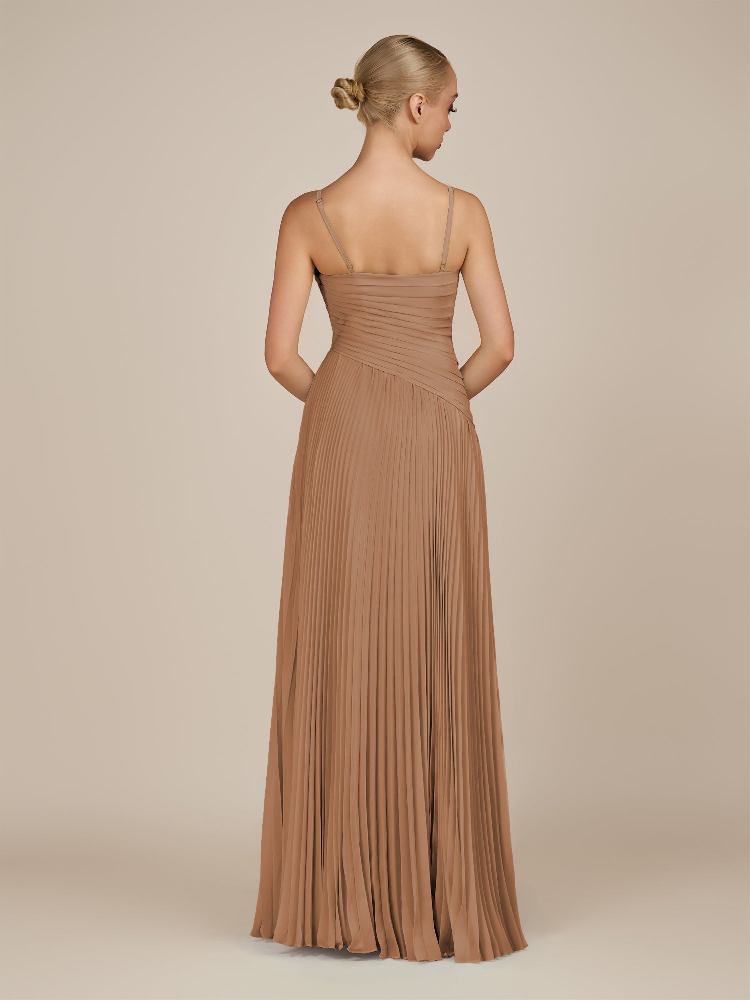 KissDress-Vionnet Bronzer A-Line V Neck Pleated Chiffon Long Bridesmaid Dress with Slit