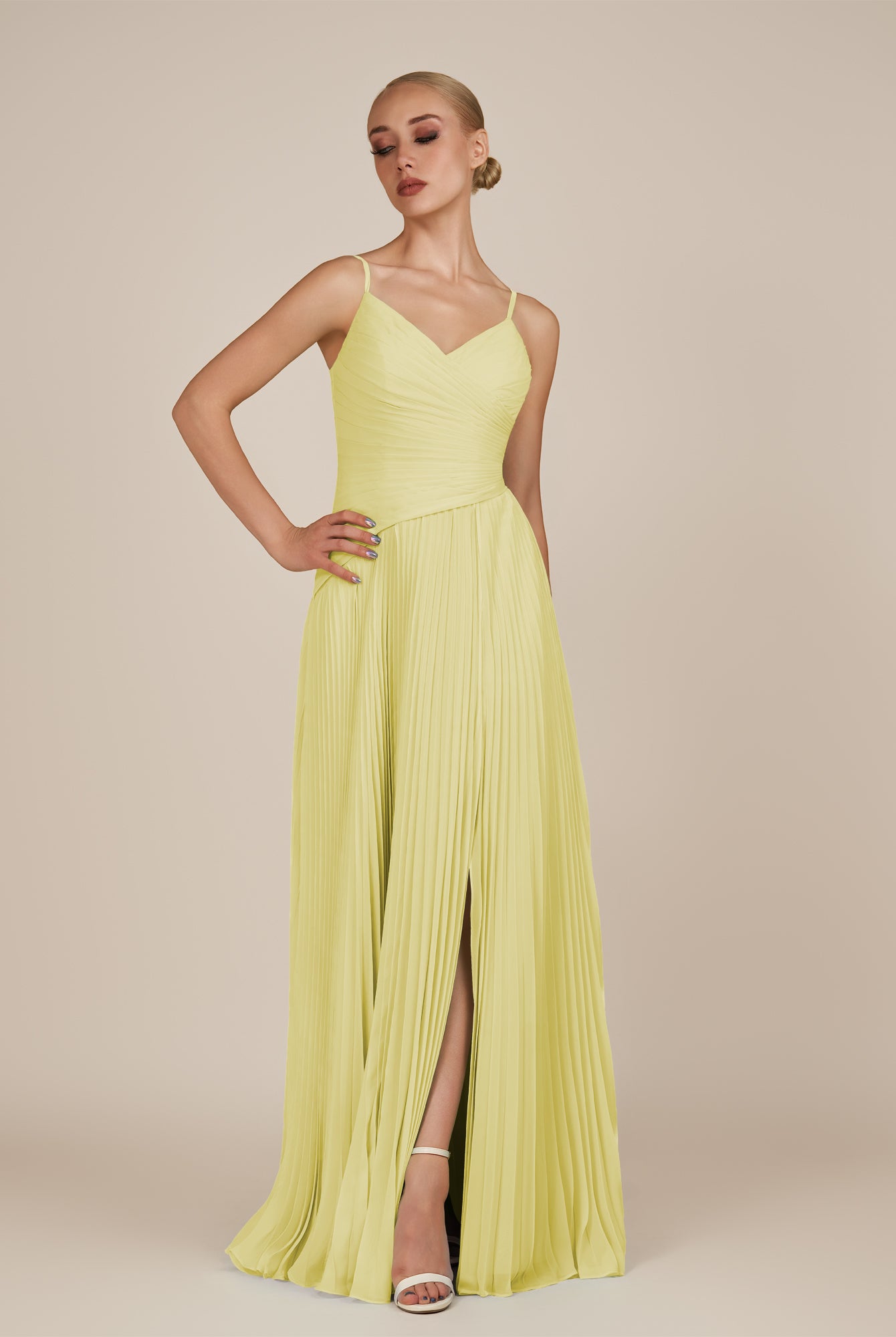 KissDress-Vionnet Buttercup A-Line V Neck Pleated Chiffon Long Bridesmaid Dress with Slit