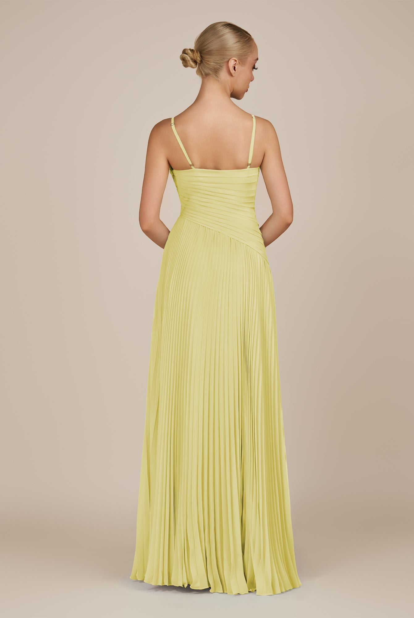 KissDress-Vionnet Buttercup A-Line V Neck Pleated Chiffon Long Bridesmaid Dress with Slit