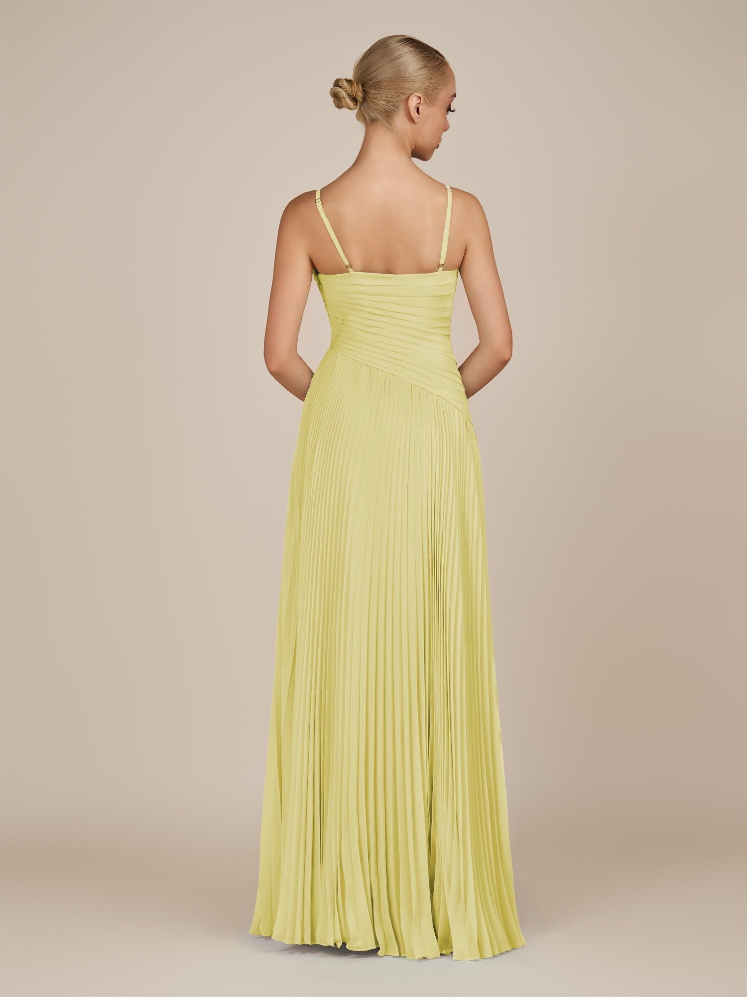 KissDress-Vionnet Buttercup A-Line V Neck Pleated Chiffon Long Bridesmaid Dress with Slit