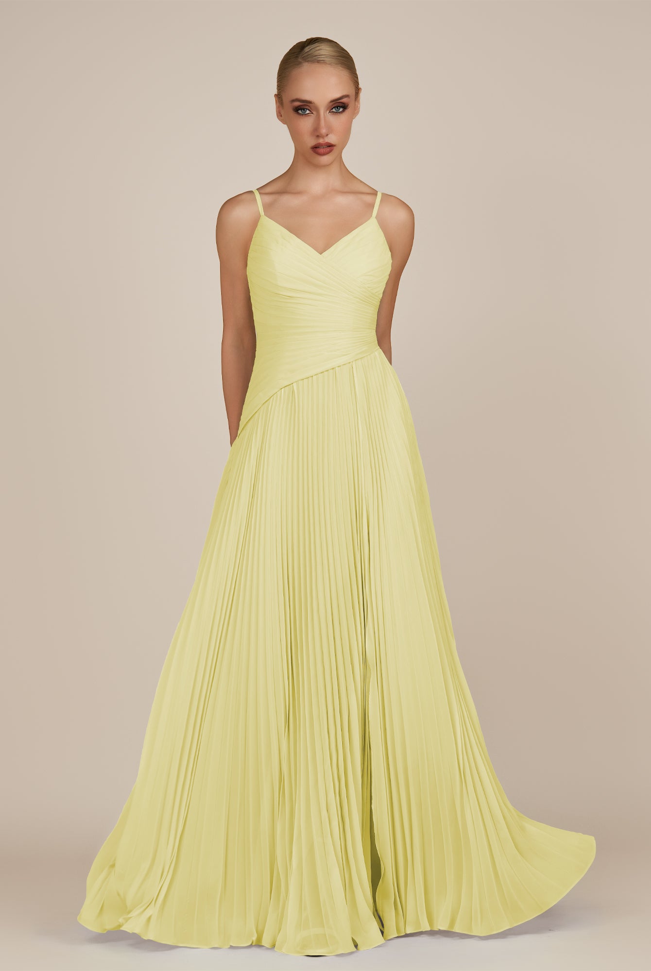 KissDress-Vionnet Buttercup A-Line V Neck Pleated Chiffon Long Bridesmaid Dress with Slit