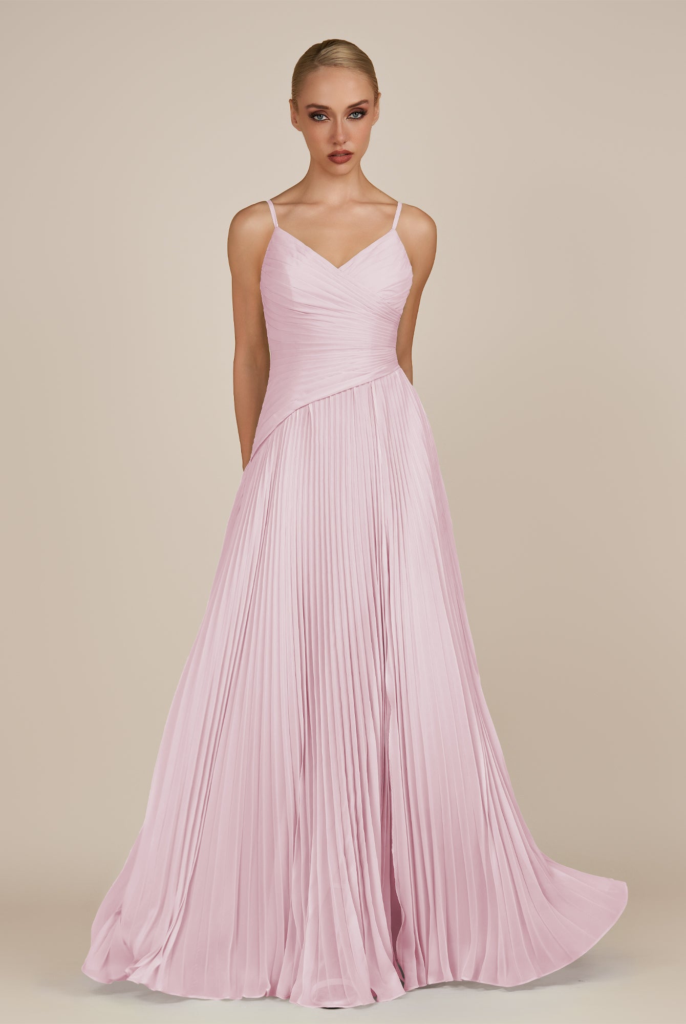 KissDress-Vionnet Candy Pink A-Line V Neck Pleated Chiffon Long Bridesmaid Dress with Slit