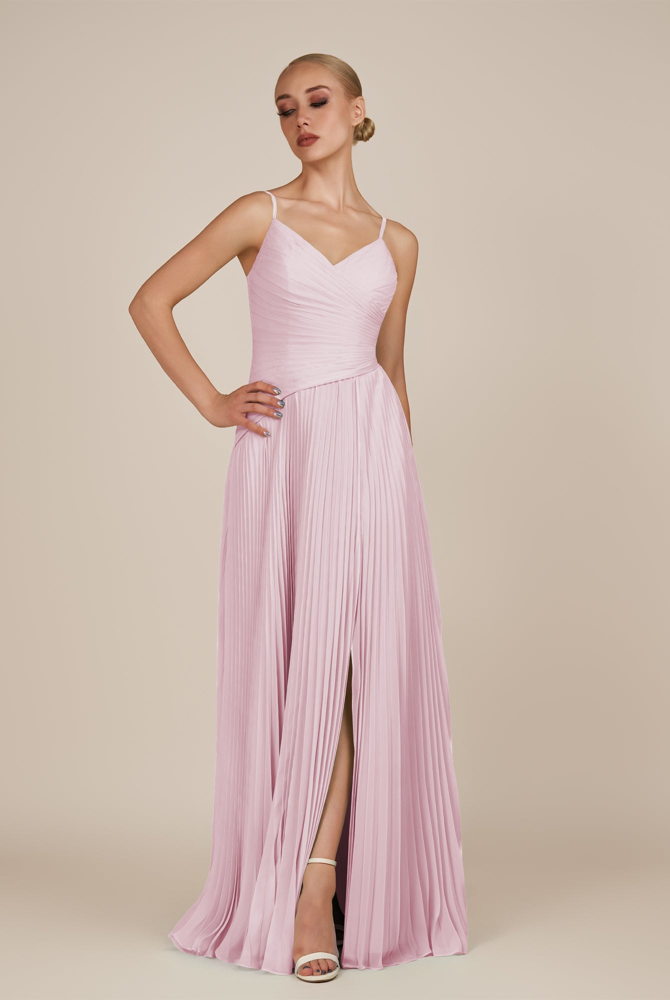 KissDress-Vionnet Candy Pink A-Line V Neck Pleated Chiffon Long Bridesmaid Dress with Slit
