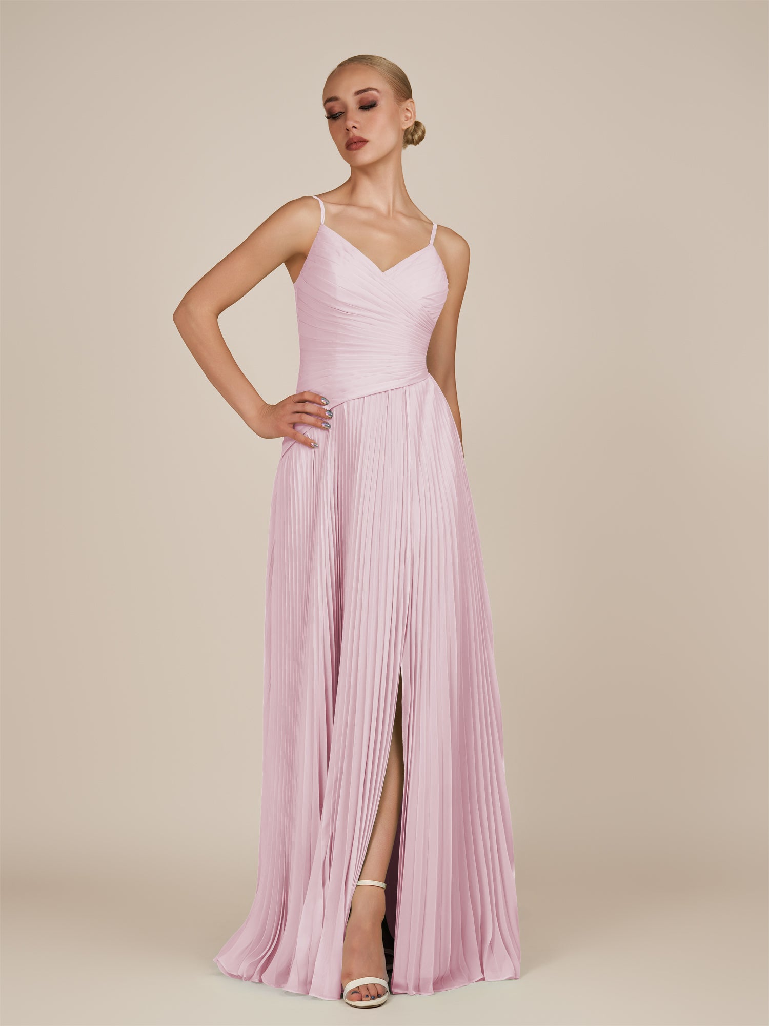 KissDress-Vionnet Candy Pink A-Line V Neck Pleated Chiffon Long Bridesmaid Dress with Slit