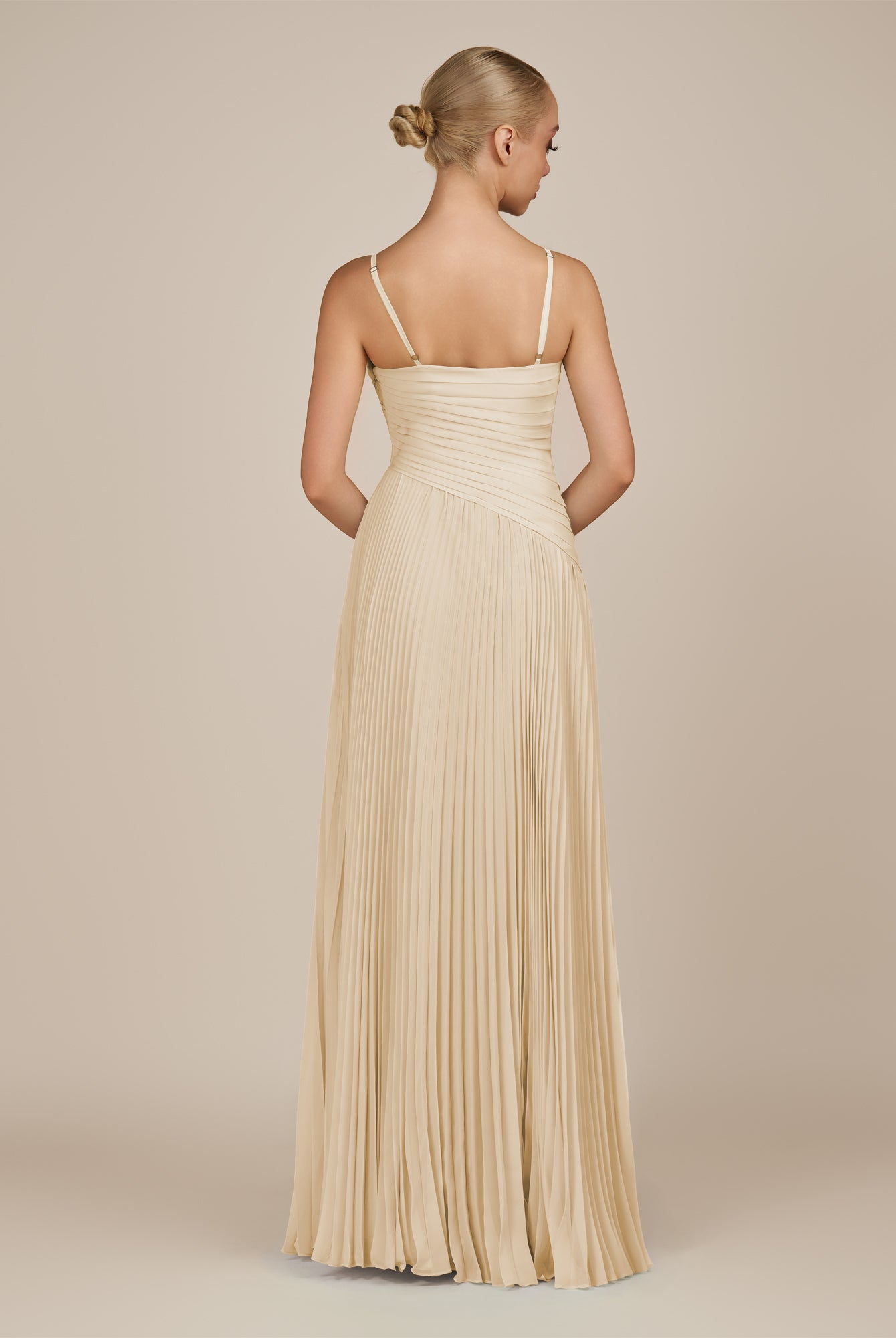 KissDress-Vionnet Champagne A-Line V Neck Pleated Chiffon Long Bridesmaid Dress with Slit