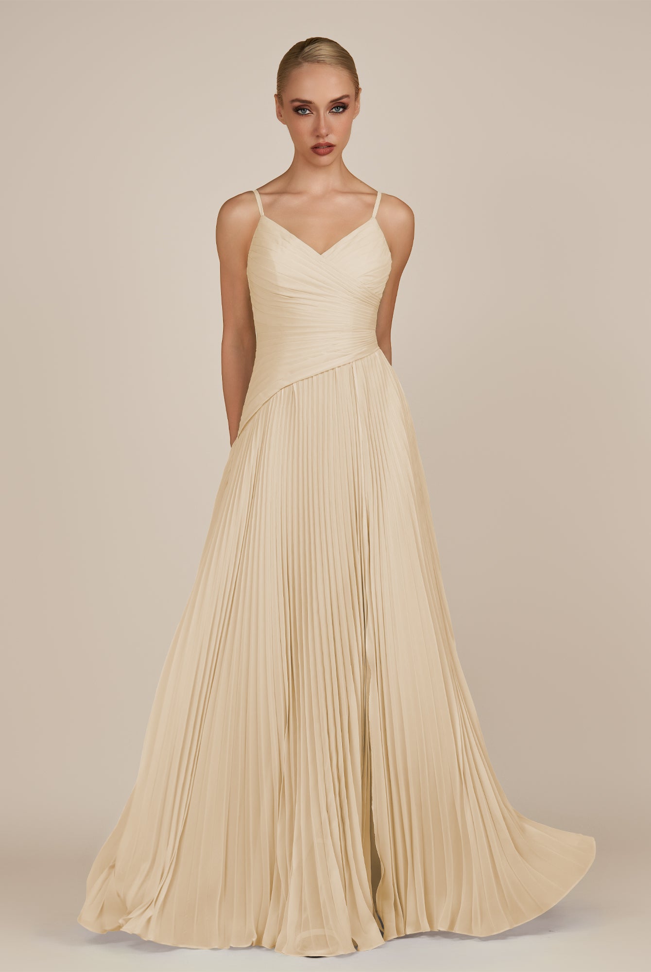 KissDress-Vionnet Champagne A-Line V Neck Pleated Chiffon Long Bridesmaid Dress with Slit