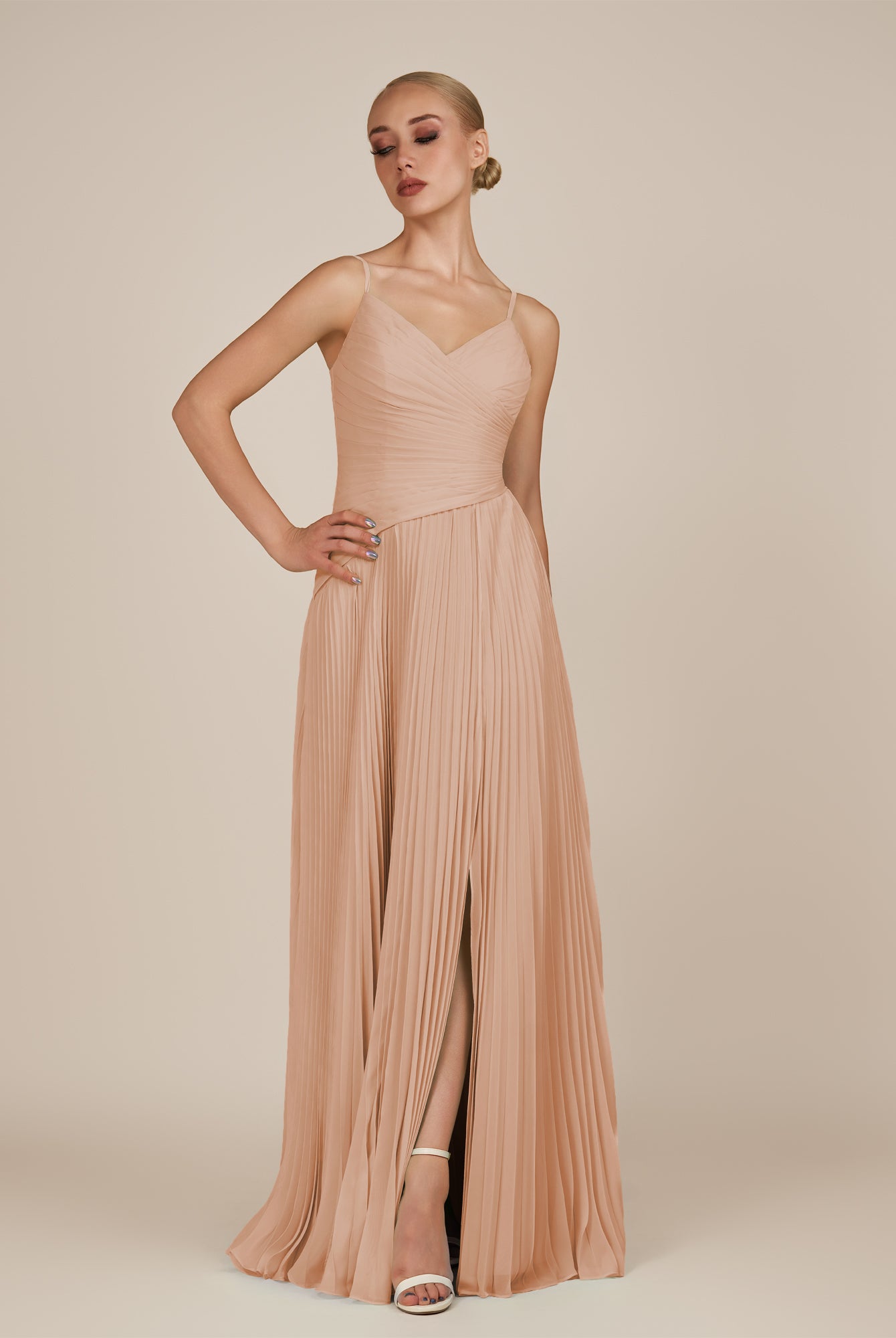 KissDress-Vionnet Champagne Rose A-Line V Neck Pleated Chiffon Long Bridesmaid Dress with Slit