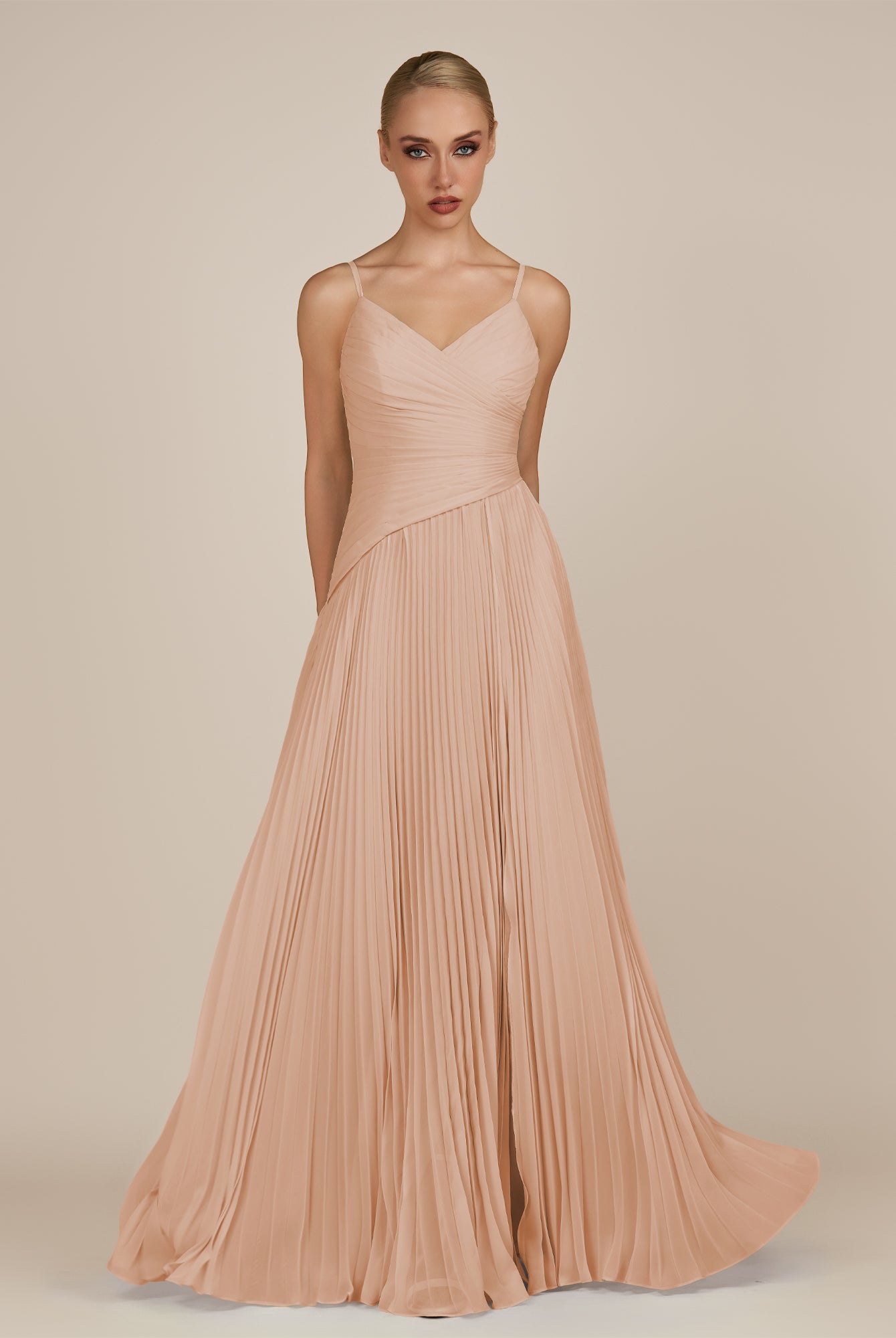 KissDress-Vionnet Champagne Rose A-Line V Neck Pleated Chiffon Long Bridesmaid Dress with Slit