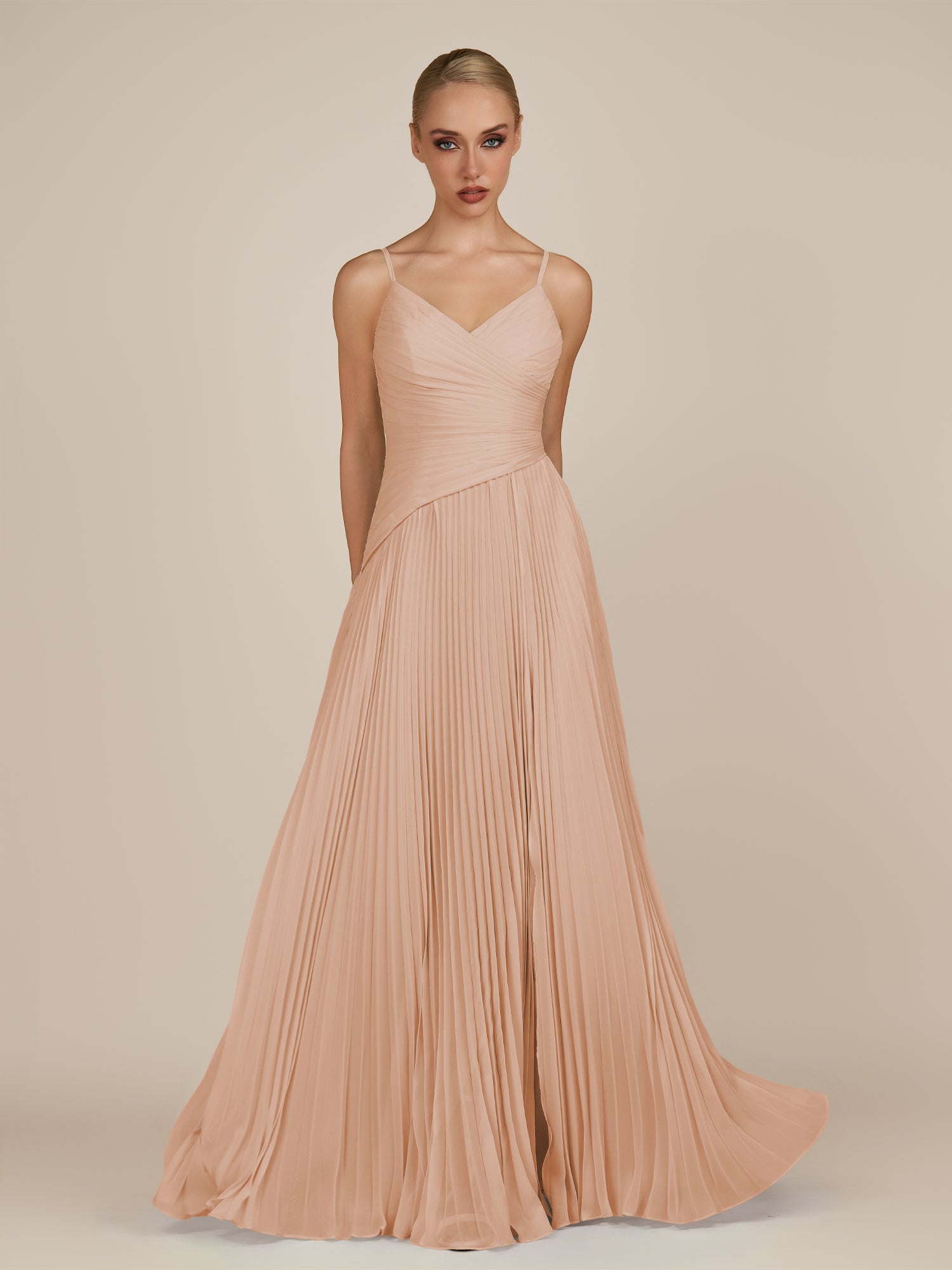 KissDress-Vionnet Champagne Rose A-Line V Neck Pleated Chiffon Long Bridesmaid Dress with Slit