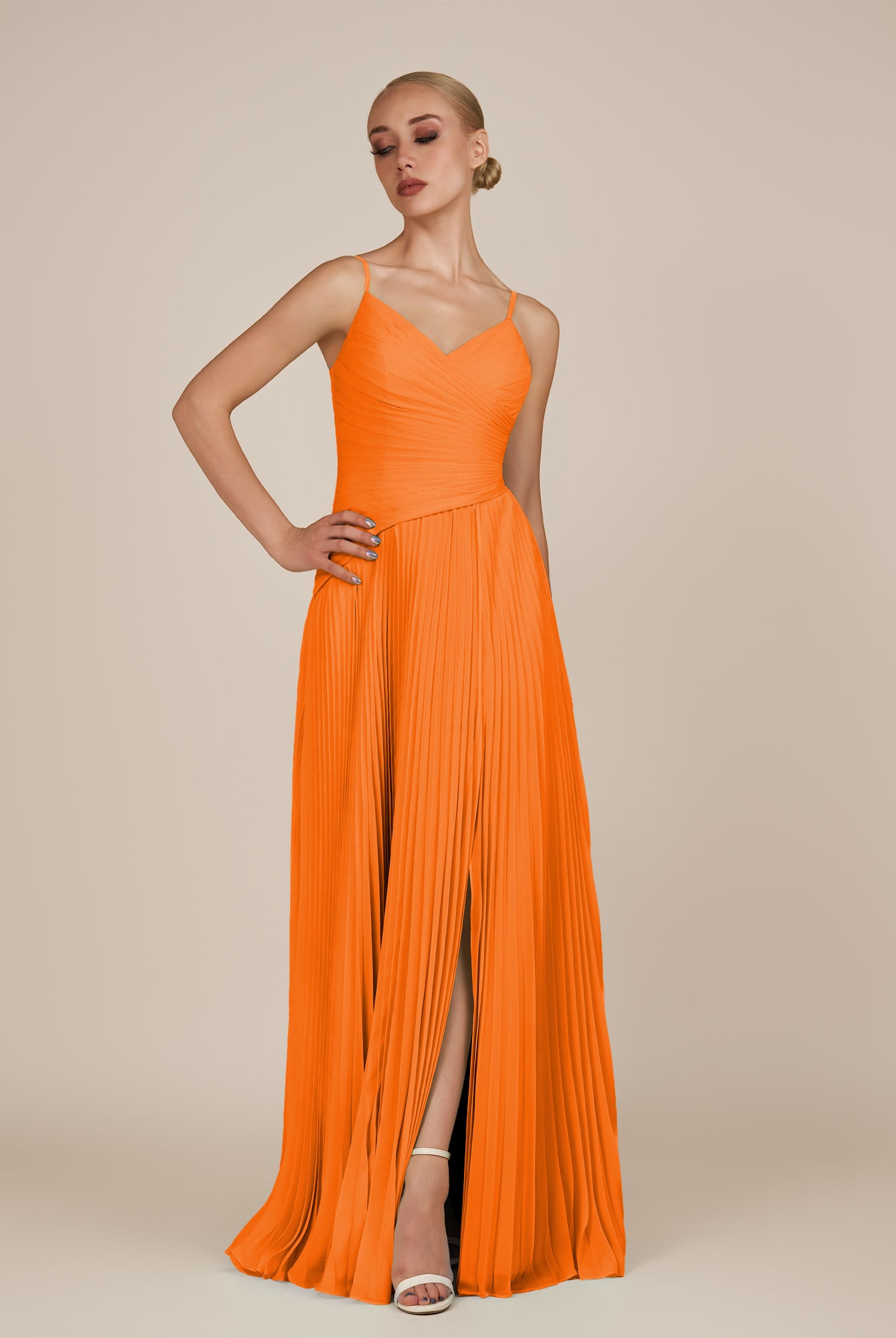 KissDress-Vionnet Cinnamon A-Line V Neck Pleated Chiffon Long Bridesmaid Dress with Slit