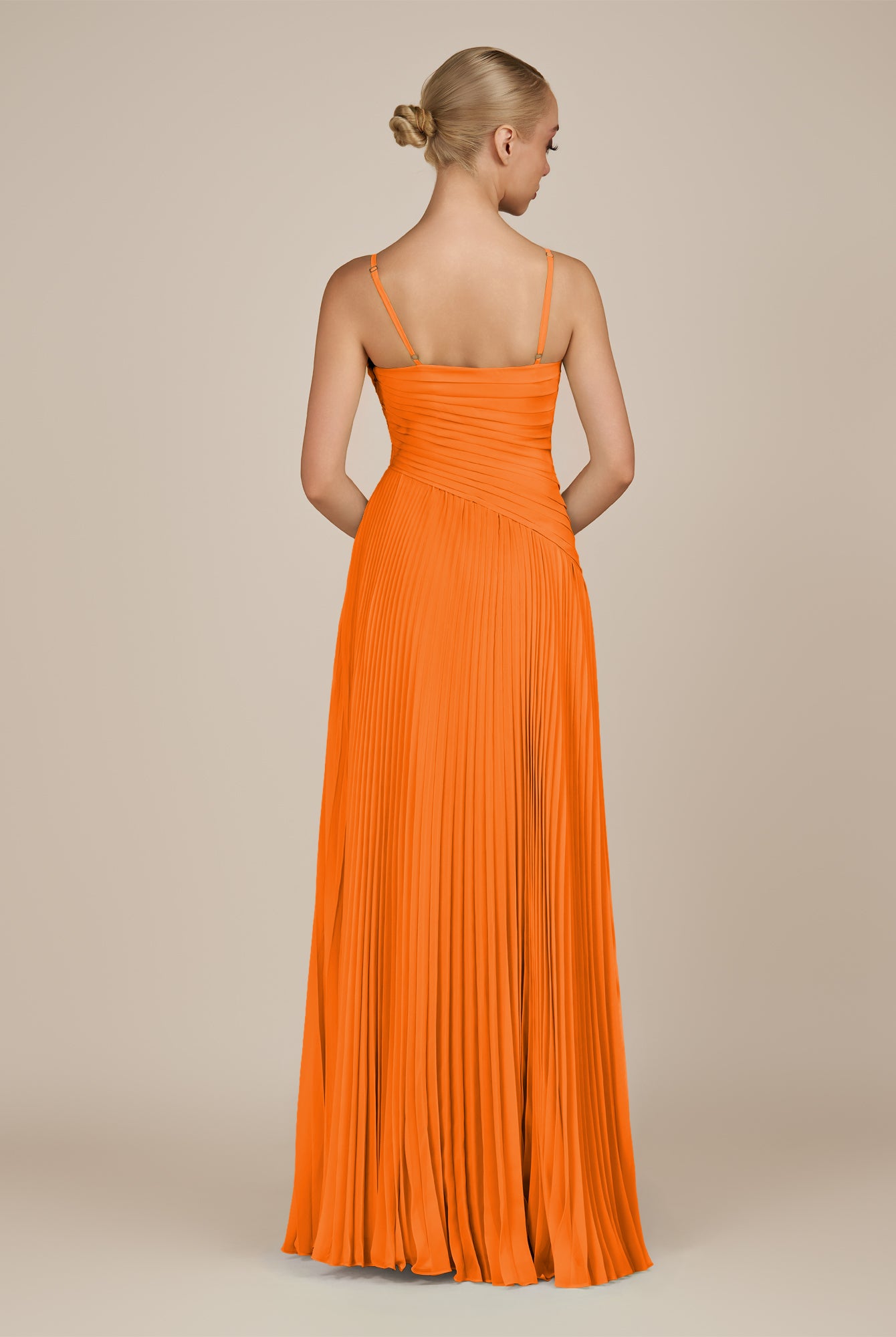 KissDress-Vionnet Cinnamon A-Line V Neck Pleated Chiffon Long Bridesmaid Dress with Slit