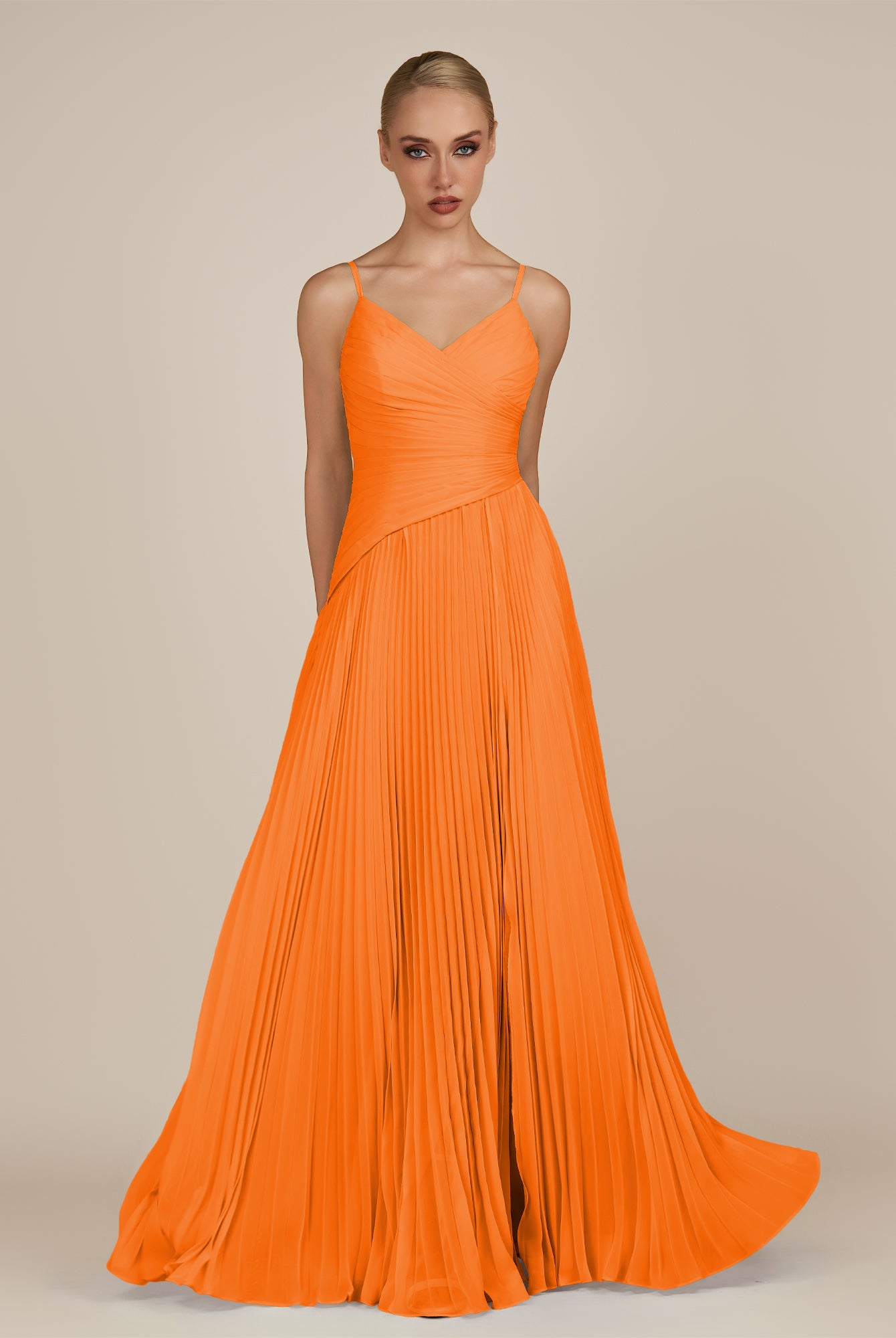 KissDress-Vionnet Cinnamon A-Line V Neck Pleated Chiffon Long Bridesmaid Dress with Slit