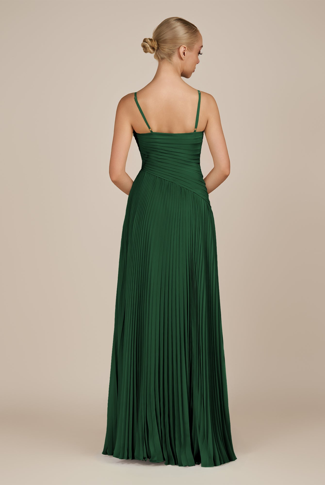 KissDress-Vionnet Dark Green A-Line V Neck Pleated Chiffon Long Bridesmaid Dress with Slit
