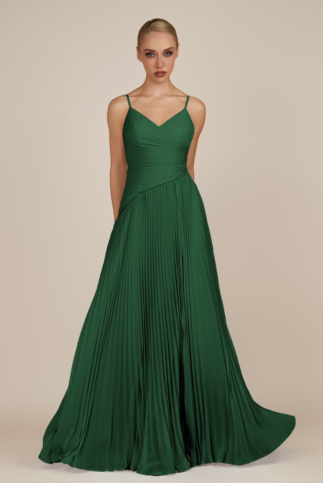 KissDress-Vionnet Dark Green A-Line V Neck Pleated Chiffon Long Bridesmaid Dress with Slit