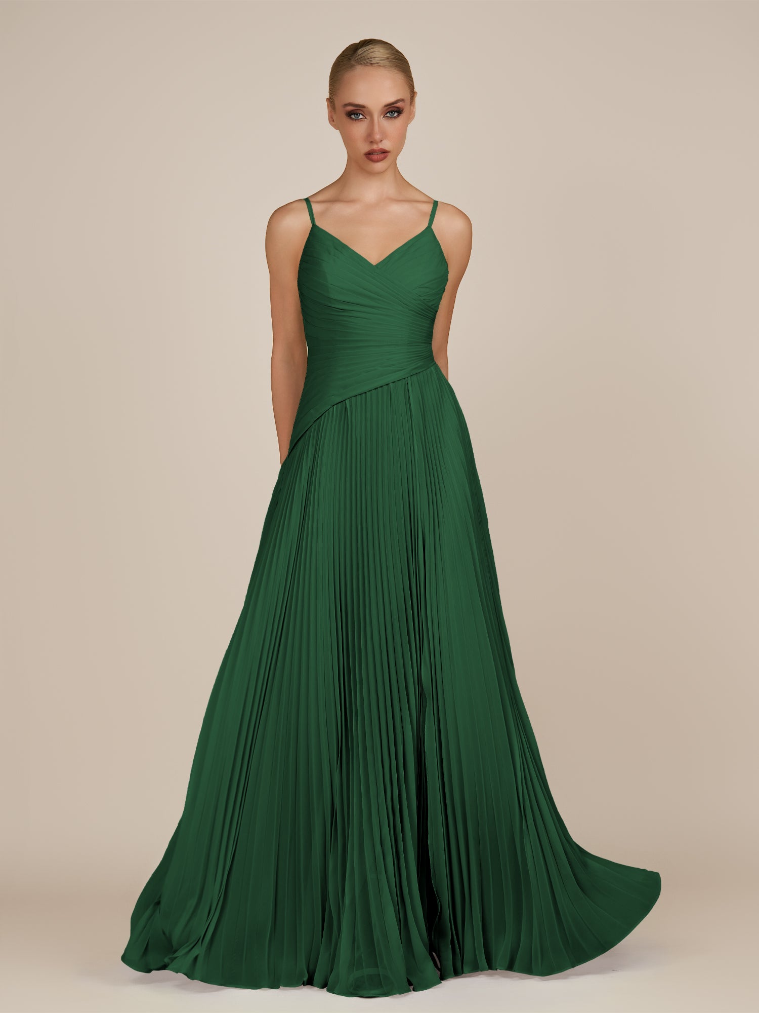 KissDress-Vionnet Dark Green A-Line V Neck Pleated Chiffon Long Bridesmaid Dress with Slit