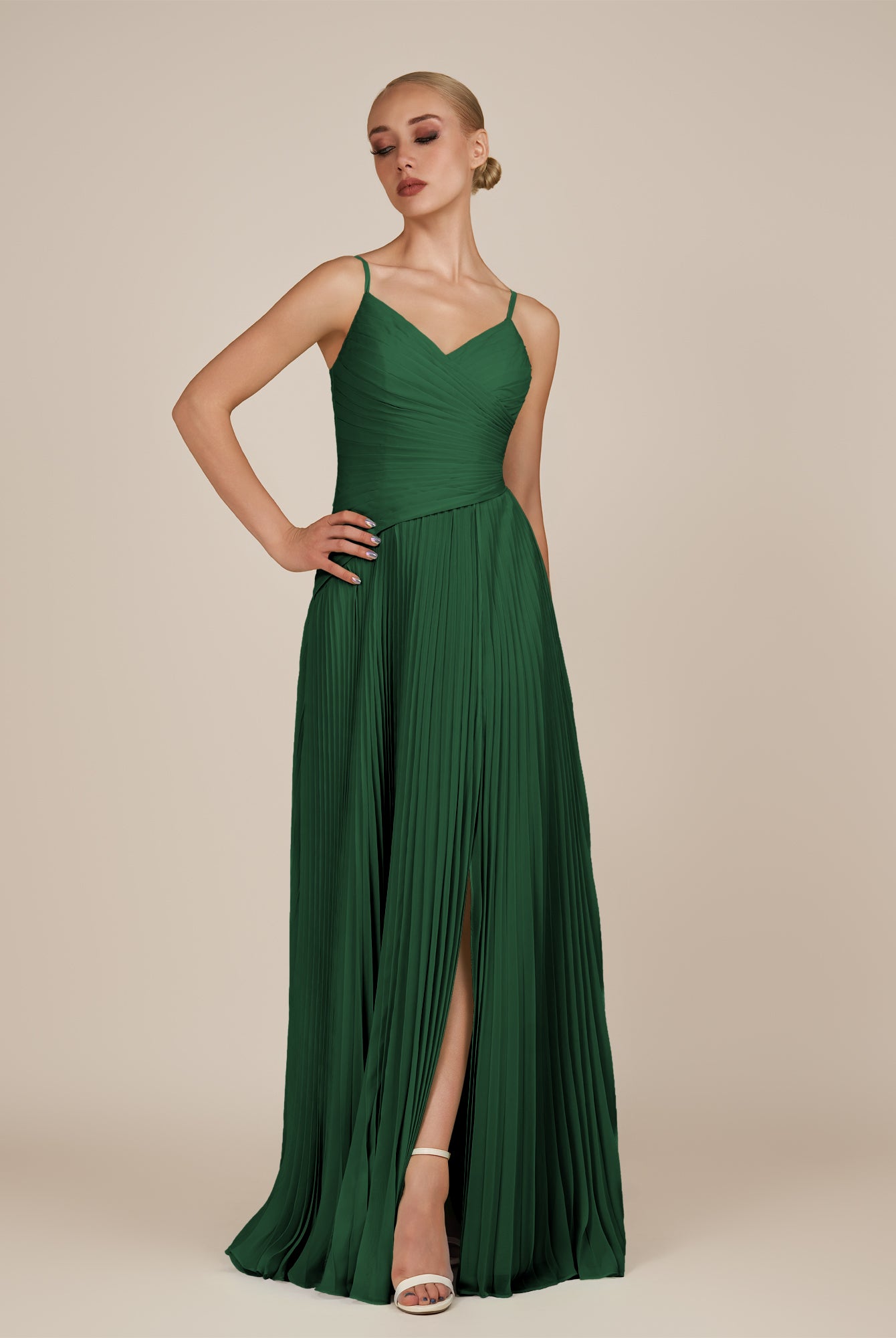 KissDress-Vionnet Dark Green A-Line V Neck Pleated Chiffon Long Bridesmaid Dress with Slit