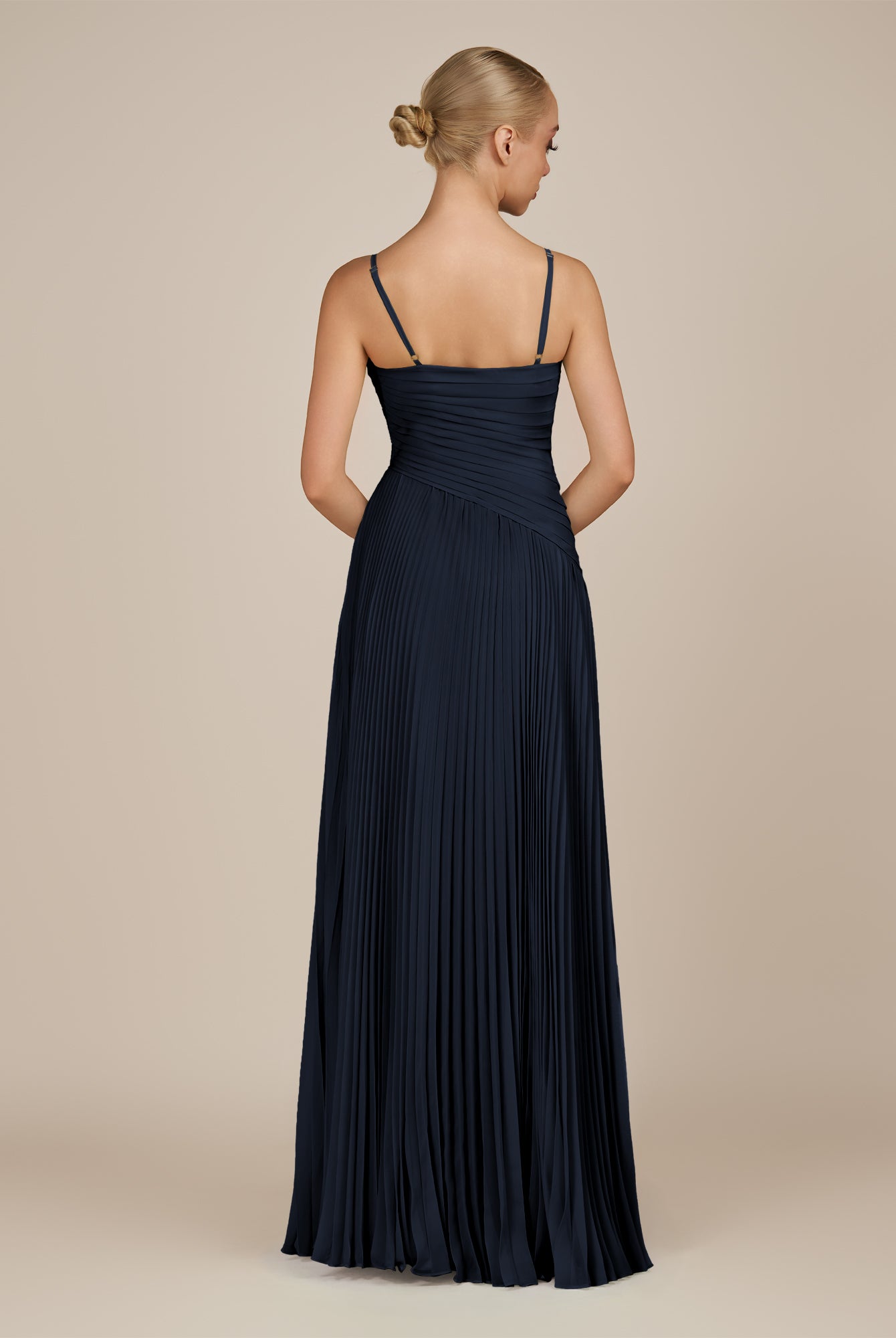KissDress-Vionnet Dark Navy A-Line V Neck Pleated Chiffon Long Bridesmaid Dress with Slit