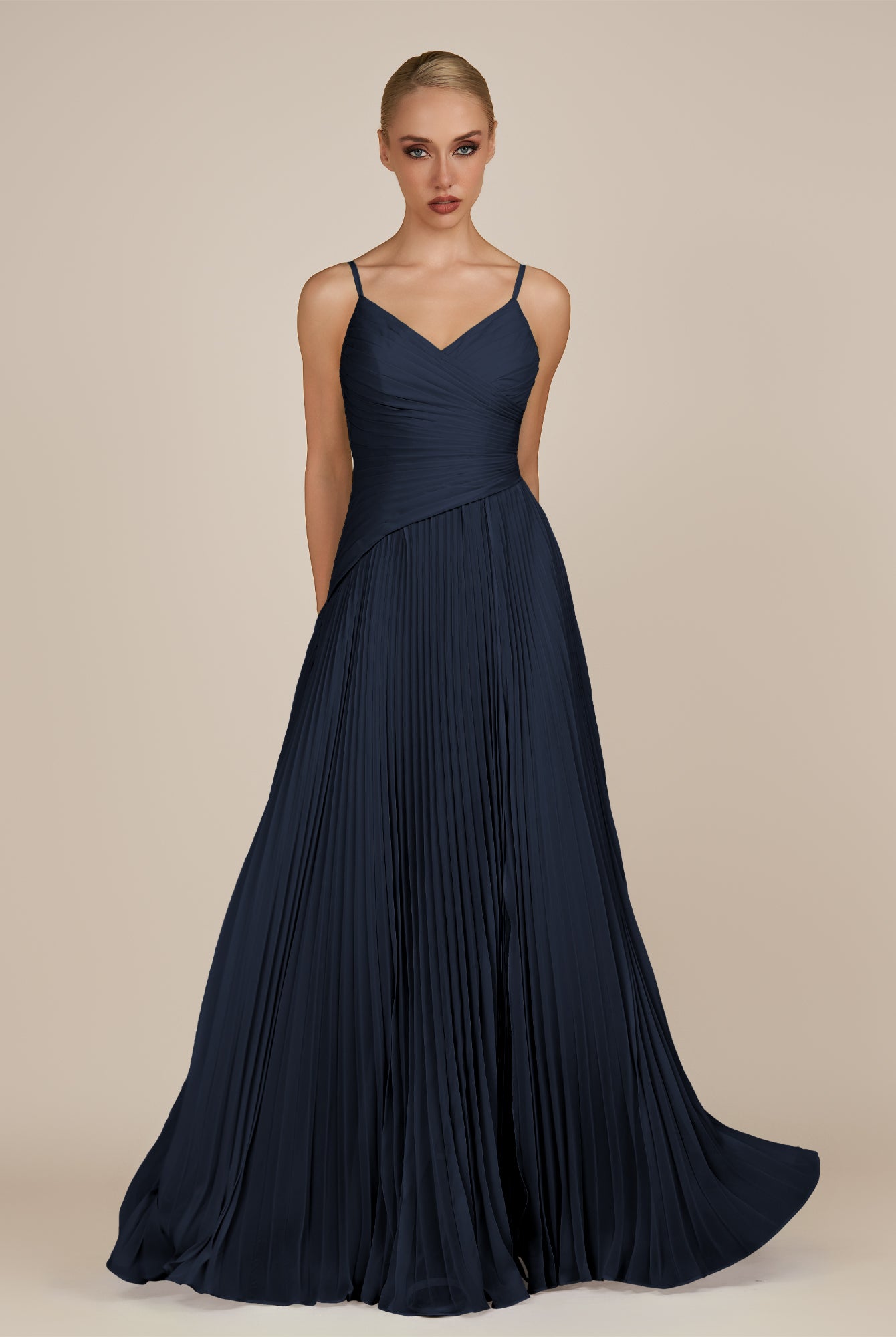 KissDress-Vionnet Dark Navy A-Line V Neck Pleated Chiffon Long Bridesmaid Dress with Slit