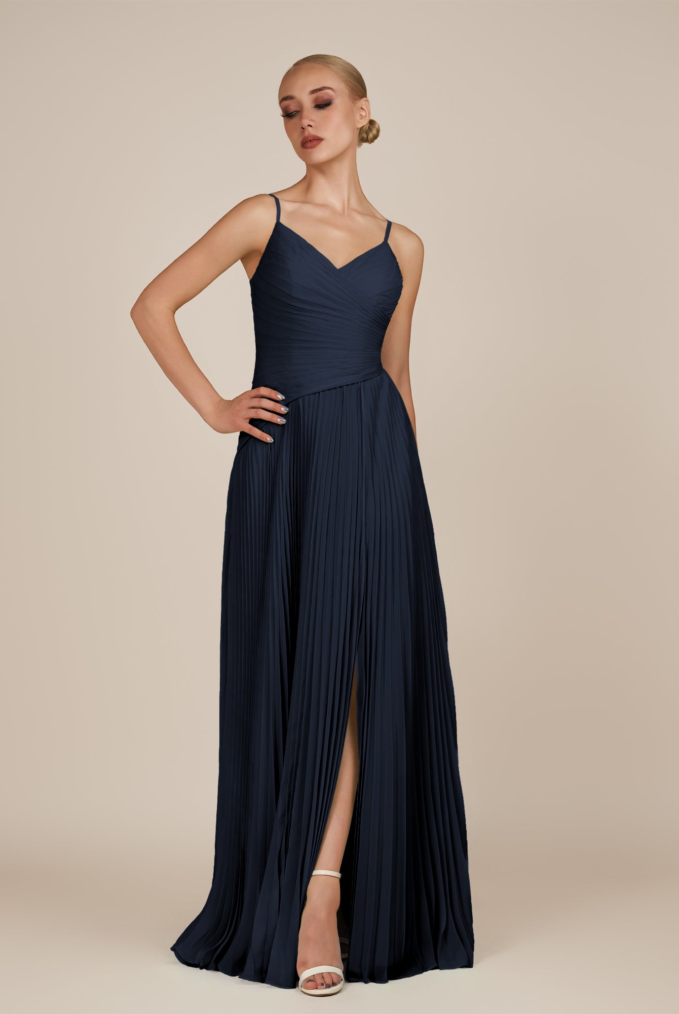 KissDress-Vionnet Dark Navy A-Line V Neck Pleated Chiffon Long Bridesmaid Dress with Slit