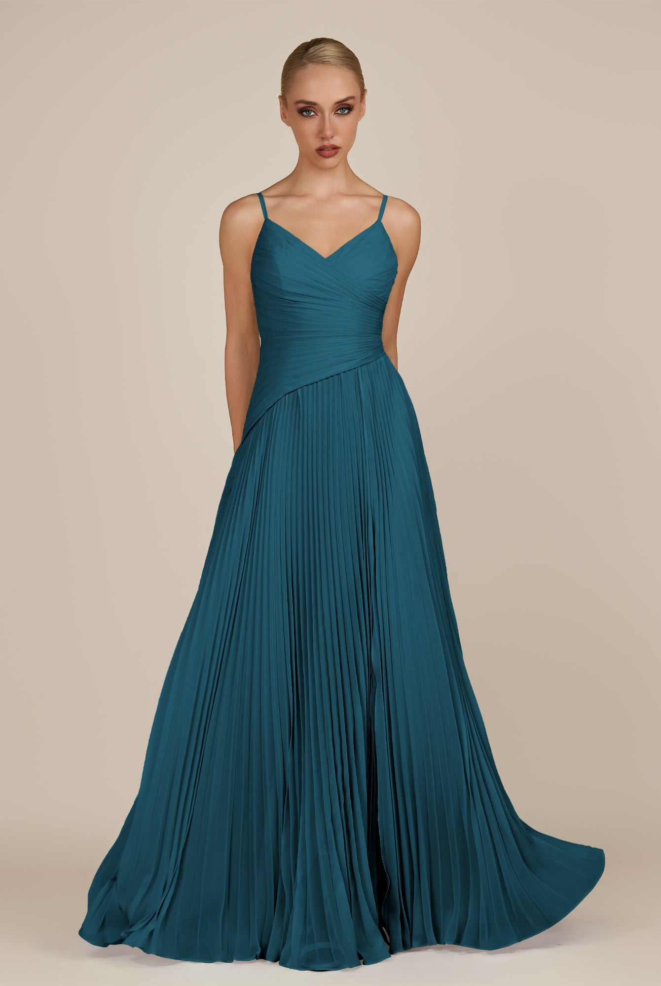 KissDress-Vionnet Dark Teal A-Line V Neck Pleated Chiffon Long Bridesmaid Dress with Slit