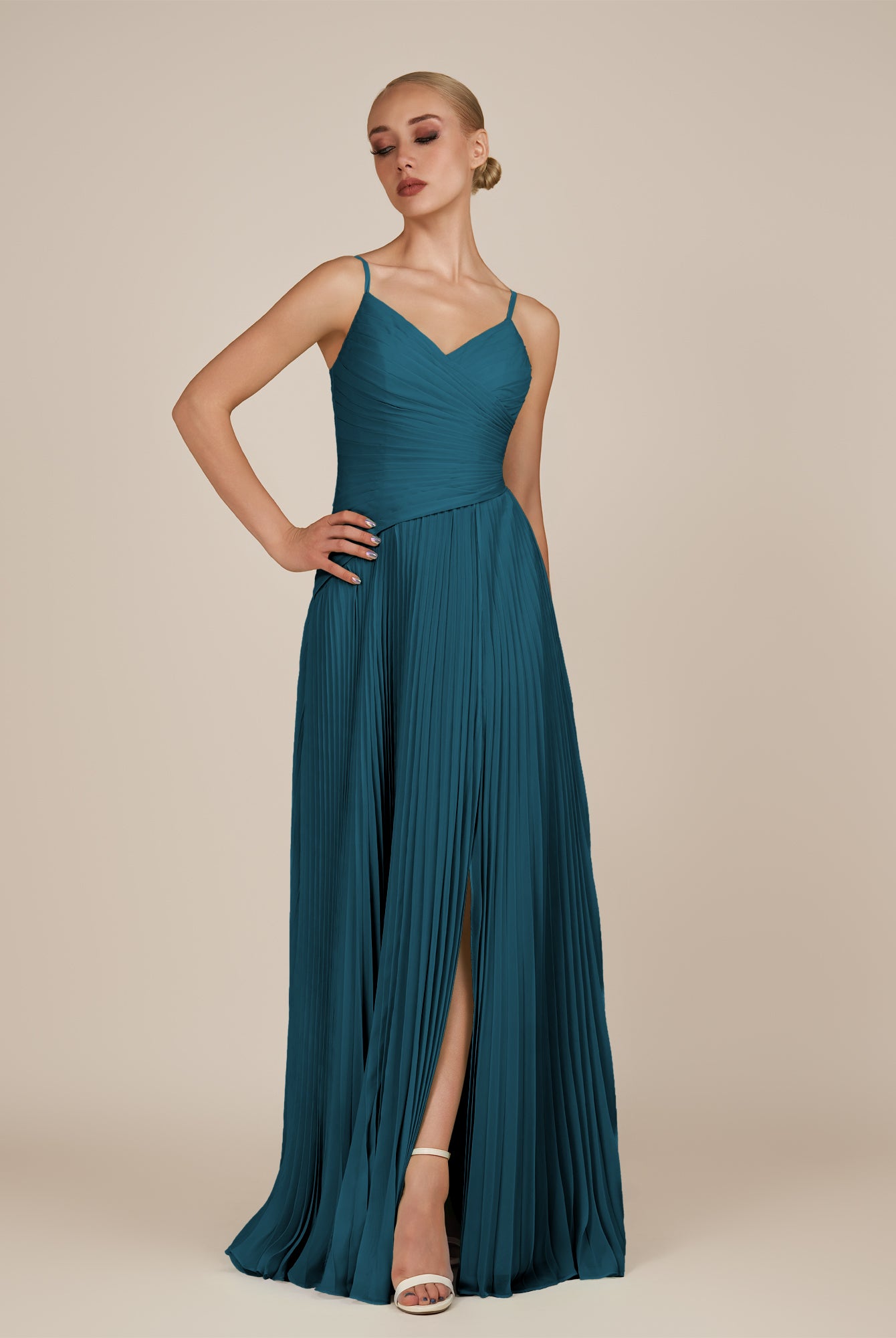 KissDress-Vionnet Dark Teal A-Line V Neck Pleated Chiffon Long Bridesmaid Dress with Slit