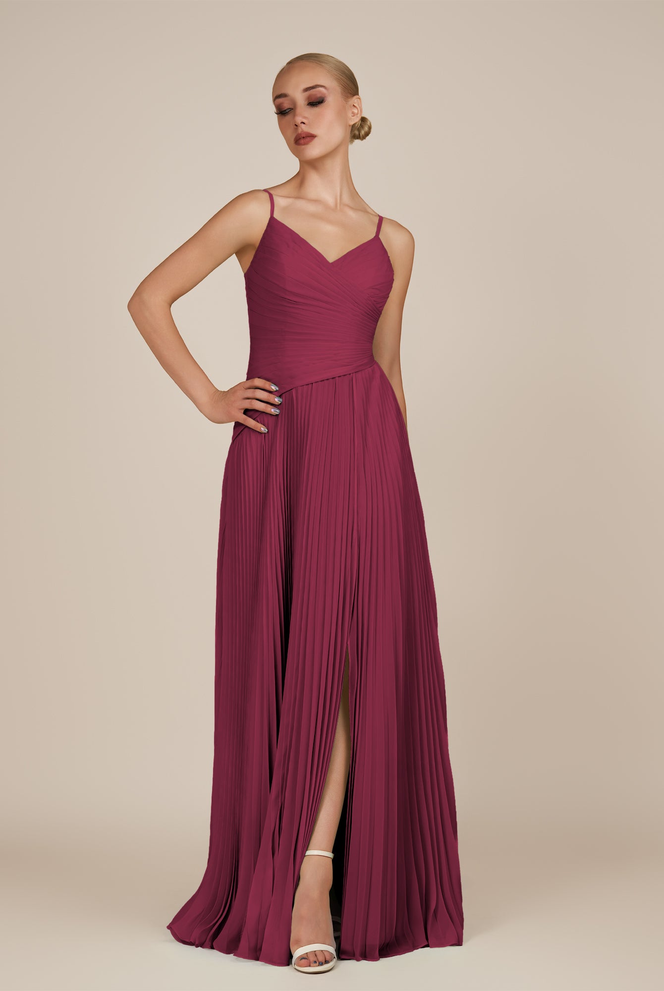 KissDress-Vionnet Desert Rose A-Line V Neck Pleated Chiffon Long Bridesmaid Dress with Slit