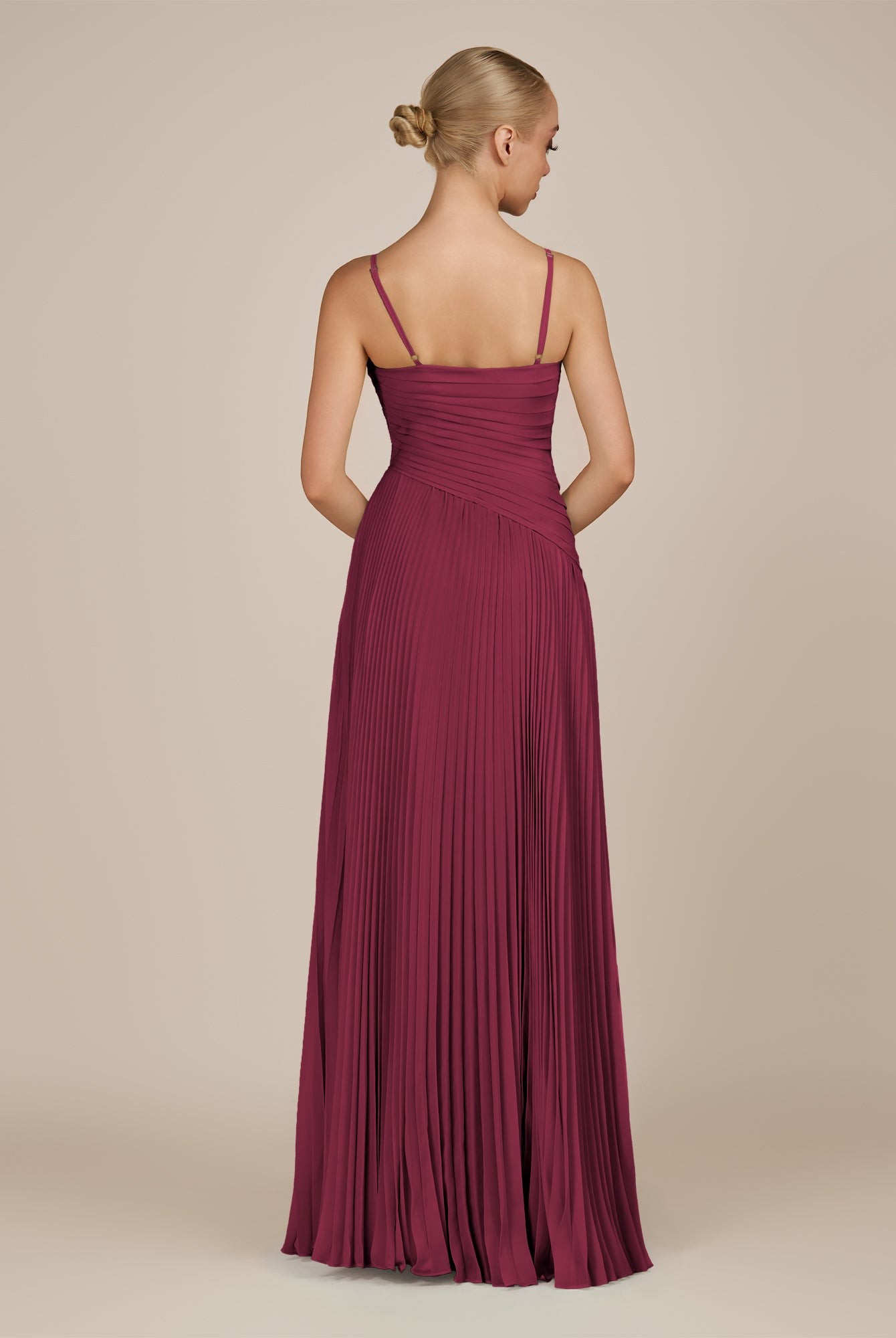 KissDress-Vionnet Desert Rose A-Line V Neck Pleated Chiffon Long Bridesmaid Dress with Slit
