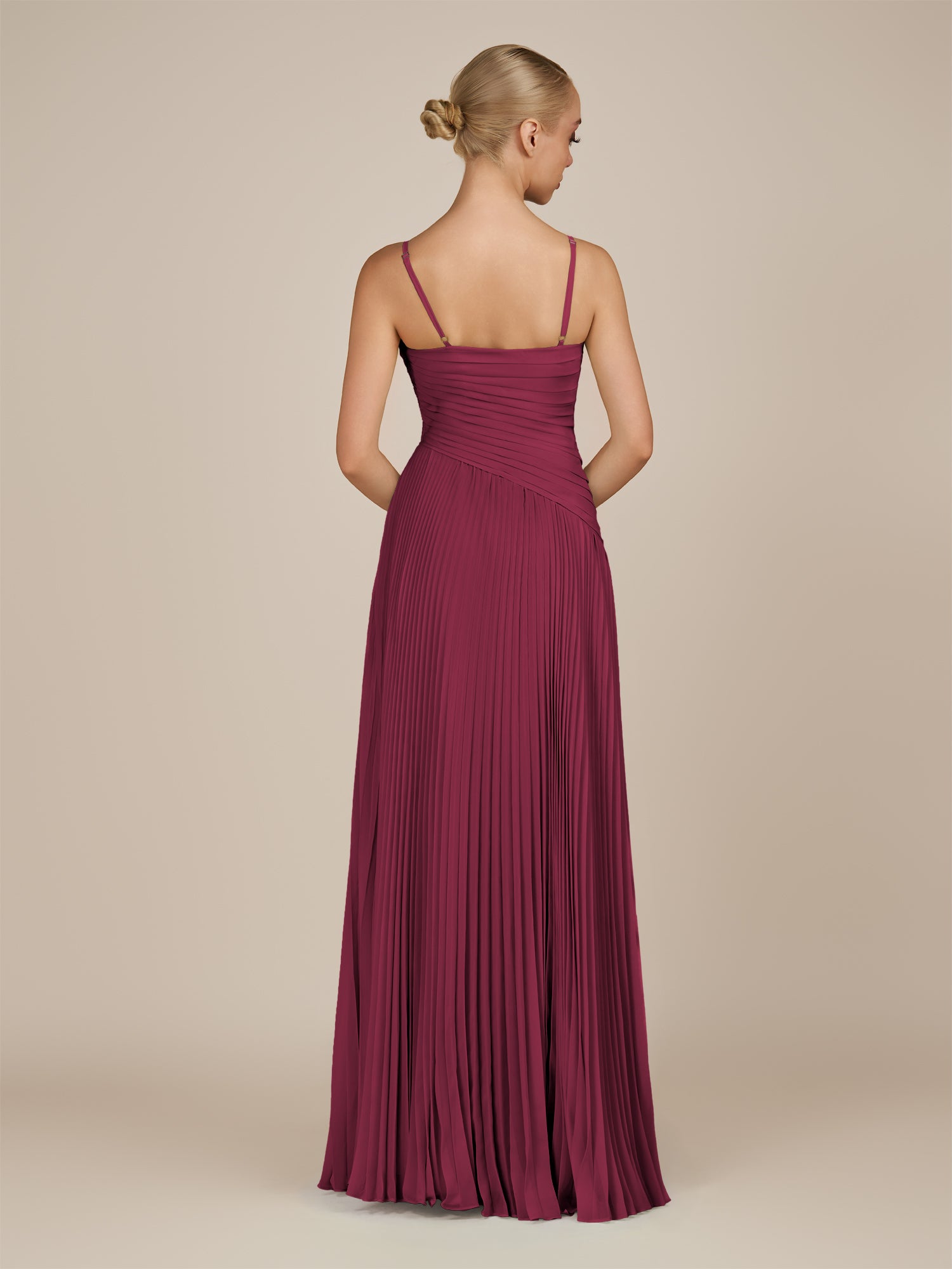 KissDress-Vionnet Desert Rose A-Line V Neck Pleated Chiffon Long Bridesmaid Dress with Slit