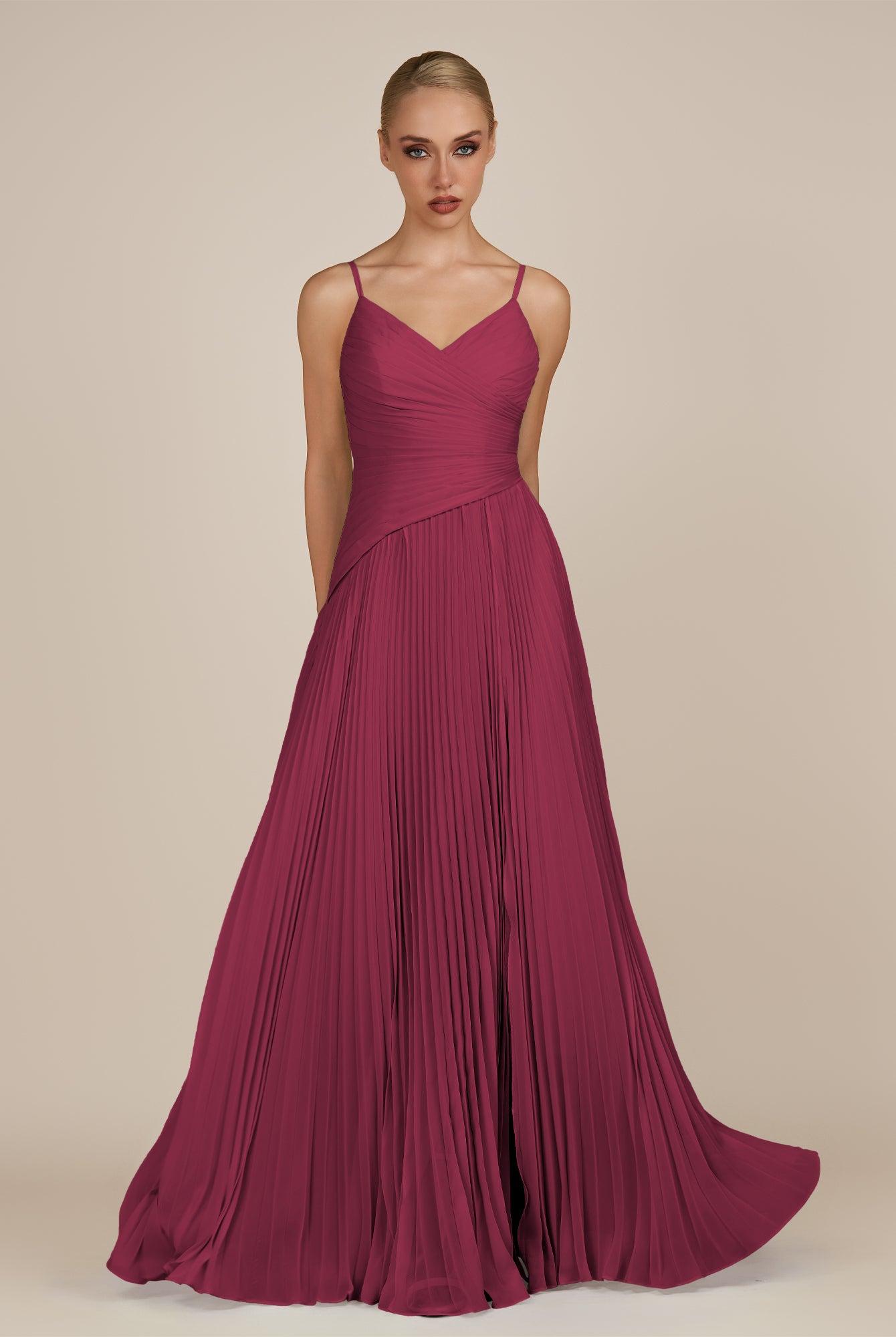KissDress-Vionnet Desert Rose A-Line V Neck Pleated Chiffon Long Bridesmaid Dress with Slit